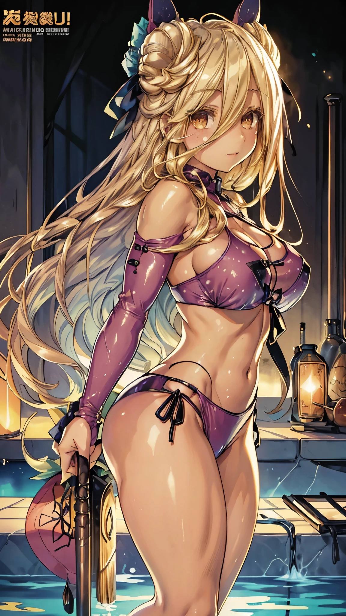 Mukuro is a beautiful young woman with a voluptuous body, having a bust considered disproportionately large for her physical age. She has golden eyes combined with flowing blonde hair that is longer than her own body. She ties her hair in an Odango hairstyle and wears ribbons around her buns, she has muscular legs and a muscular stomach, a thin waist, and (((wears a very sexy and small bikini that leaves her entire backside exposed and her breasts exposed) )), she is standing in a full body photo, (((in the pool scene))), (((huge ))), barefoot, cute smile looking at me