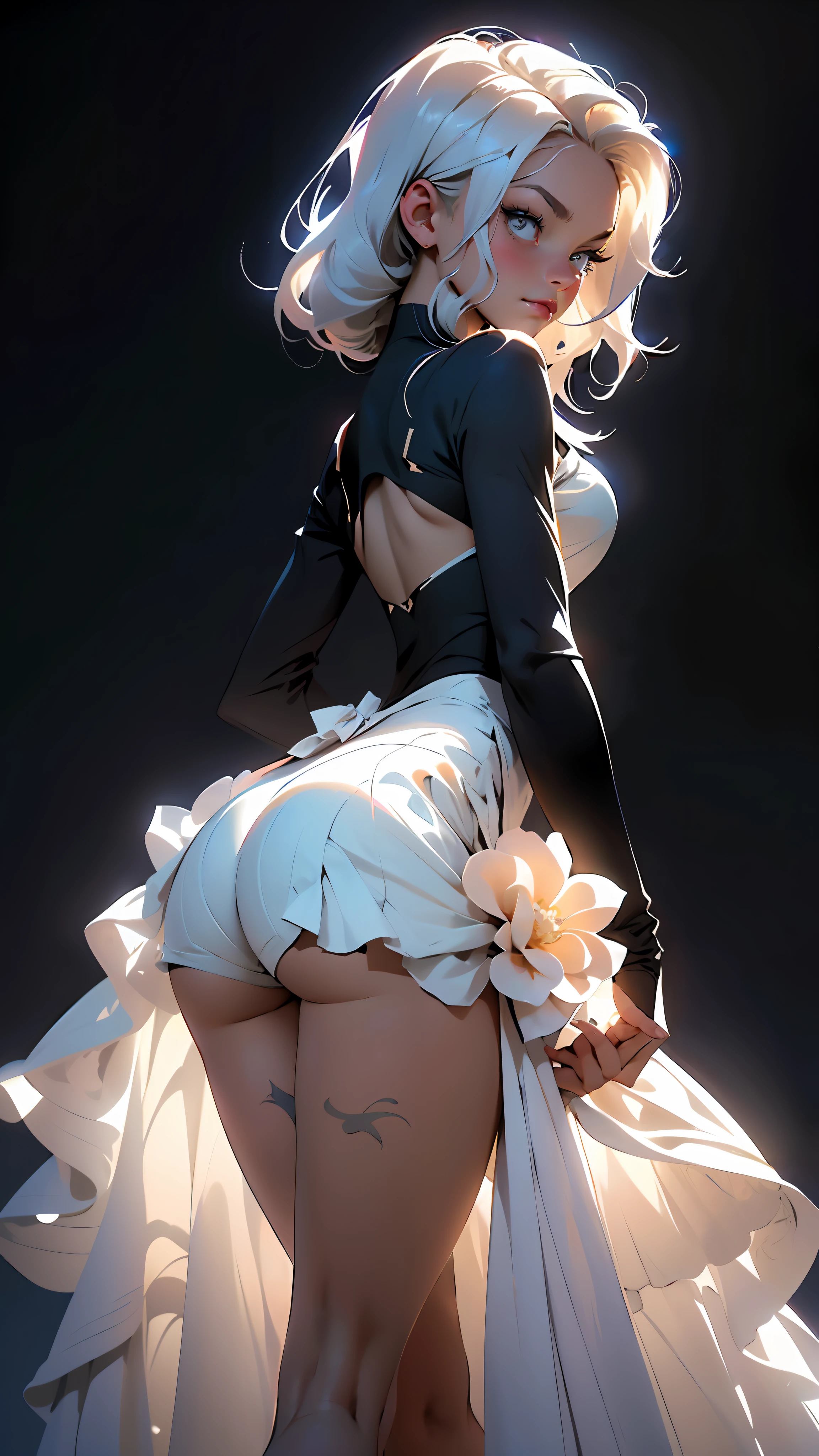 1 garota, lindo rosto e olhos detalhados, cabelo branco, Bailarina, arabesco, minimalismo, Vista lateral, Fundo azul escuro, fundo simples, olho de peixe, obra de arte, mais alta qualidade, mais alta qualidade, arte oficial, beautiful and aesthetic, animation, levantar bunda, colorful Bailarina outfit, dynamic poses, Olhando para o outro lado