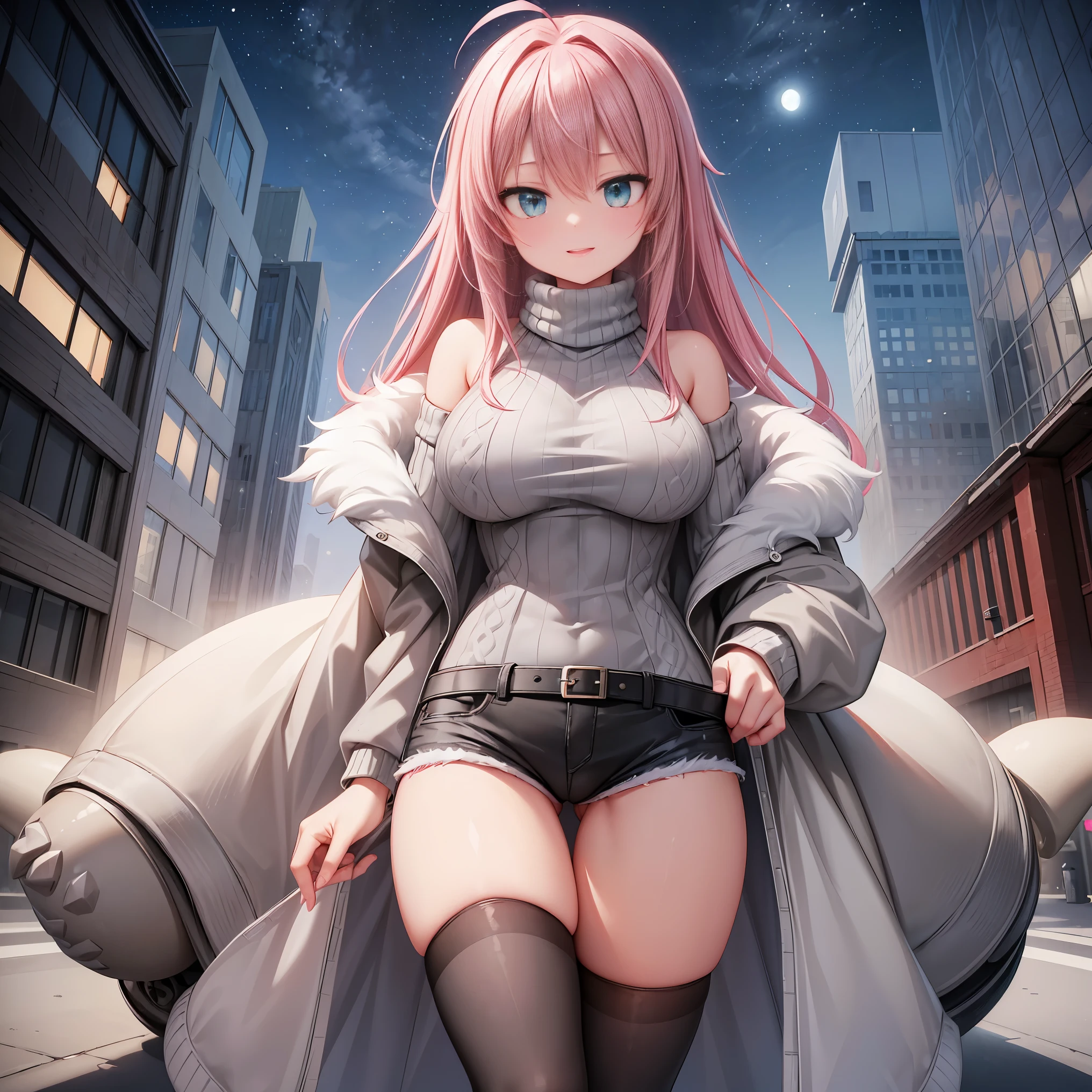 (masterpiece,best quality, detailed,hires:1.4),portrate,1girl,standing,16yo,(solo:1.4),winter city scape,(street:1.3),(big moon,detailed full moon,night sky,fine sky),BREAK,super dericate hair,ahoge,pink hair,long hair,detailed face,(green eyes),beautiful detailed eyes,sparkling eyes,big eyes,tareme,bloom,glowing,glowing skin,huge breast,BREAK,(White fur coat:1.3),BREAK, (gray turtleneck sweater:1.48),BREAK,(denim short shorts:1.2), (black stockings:1.4),(brown long boots:1.2),close up breast,(happy:1.4),blush,(head to crotch,below the knee and feet are out of sight:1.4),from below,