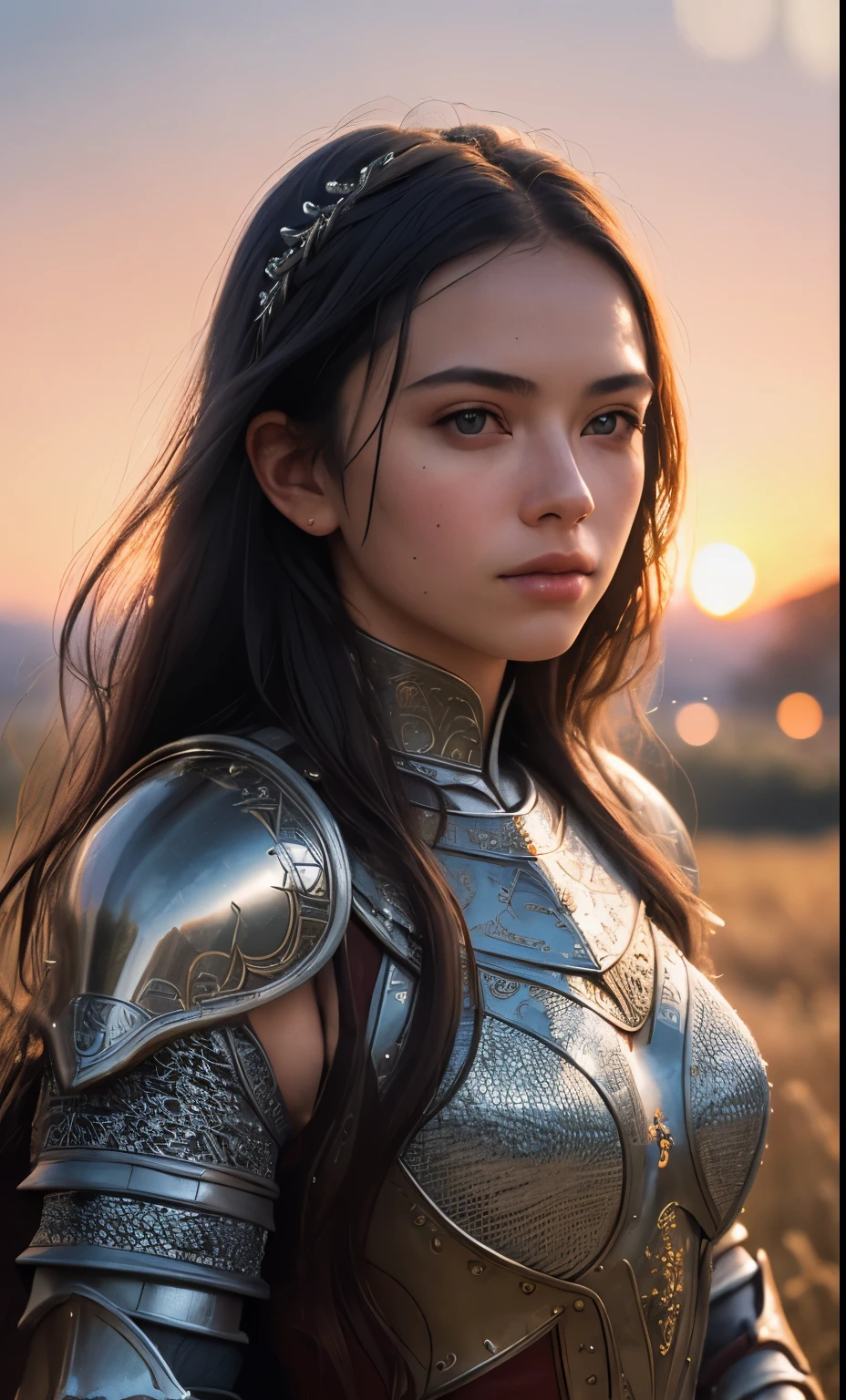 (masutepiece), (very intricate:1.3), (Realistic), Portrait of a girl, the most beautiful in the world, (Medieval armor), metal reflective, Upper body, Outdoors, Intense sunlight, far away castle, professional photograph of a stunning woman detailed, Sharp Focus, Dramatic, awardwinning, Cinematic lighting, octane rendering Unreal Engine, Volumetrics DTX, (Film grain, Blurry background, Blurred foreground, Bokeh, depth of fields, Sunset, Motion Blur:1.3), Chainmail