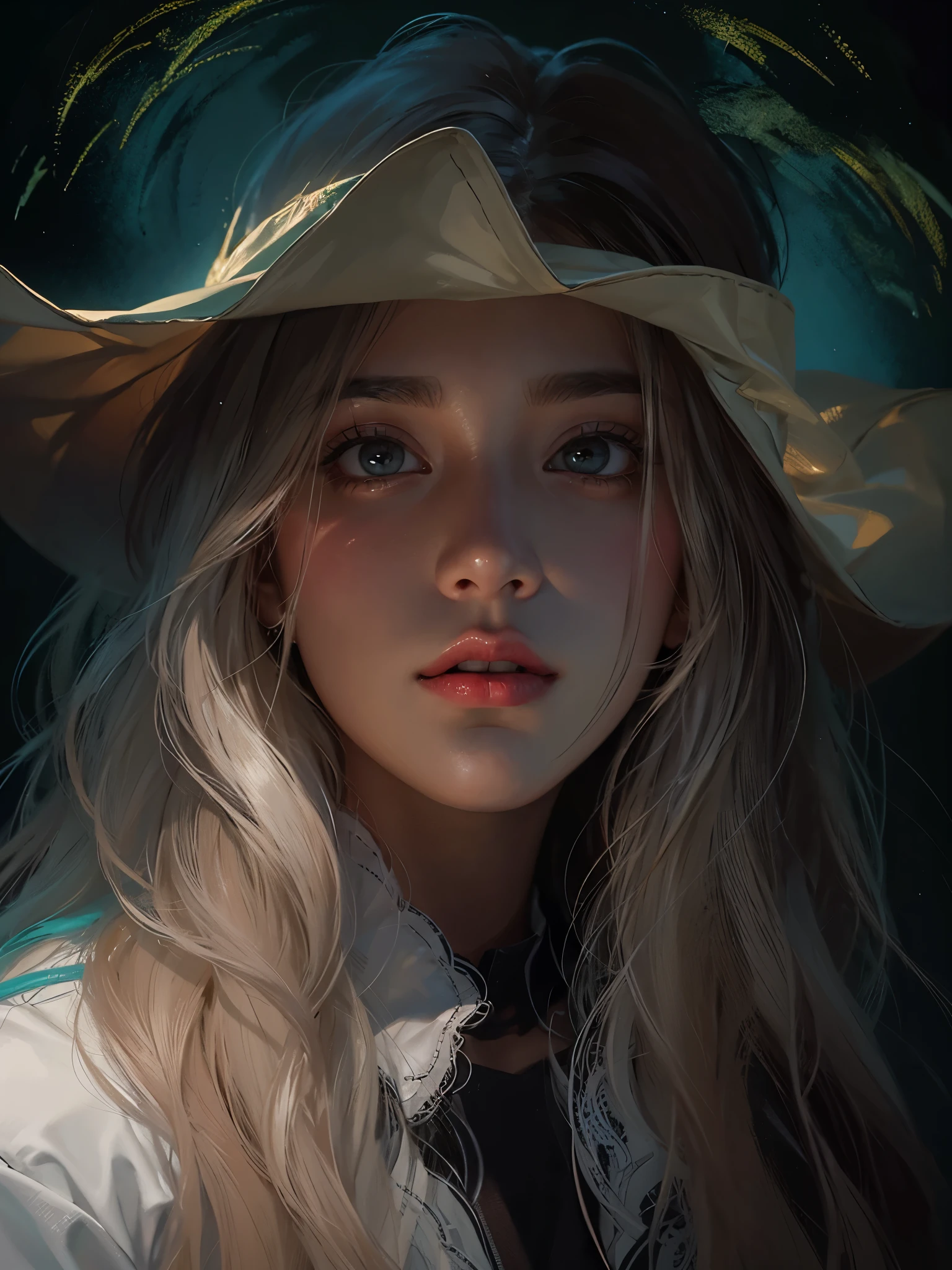(front focus),(in the darkness nigth:1.6),Surrealist female portraits by David Hockney and Alphonse Mucha,fantasy art,photo-realistic,dynamic lighting,art station,volume lighting,highly detailed face,4k,Award-winning, 1 girl, in the dark, deep shadow, discreet key, cowboy shot, (official clothes:1.4), white long hair, brunette colored hair,facing the viewer,white and soft skin