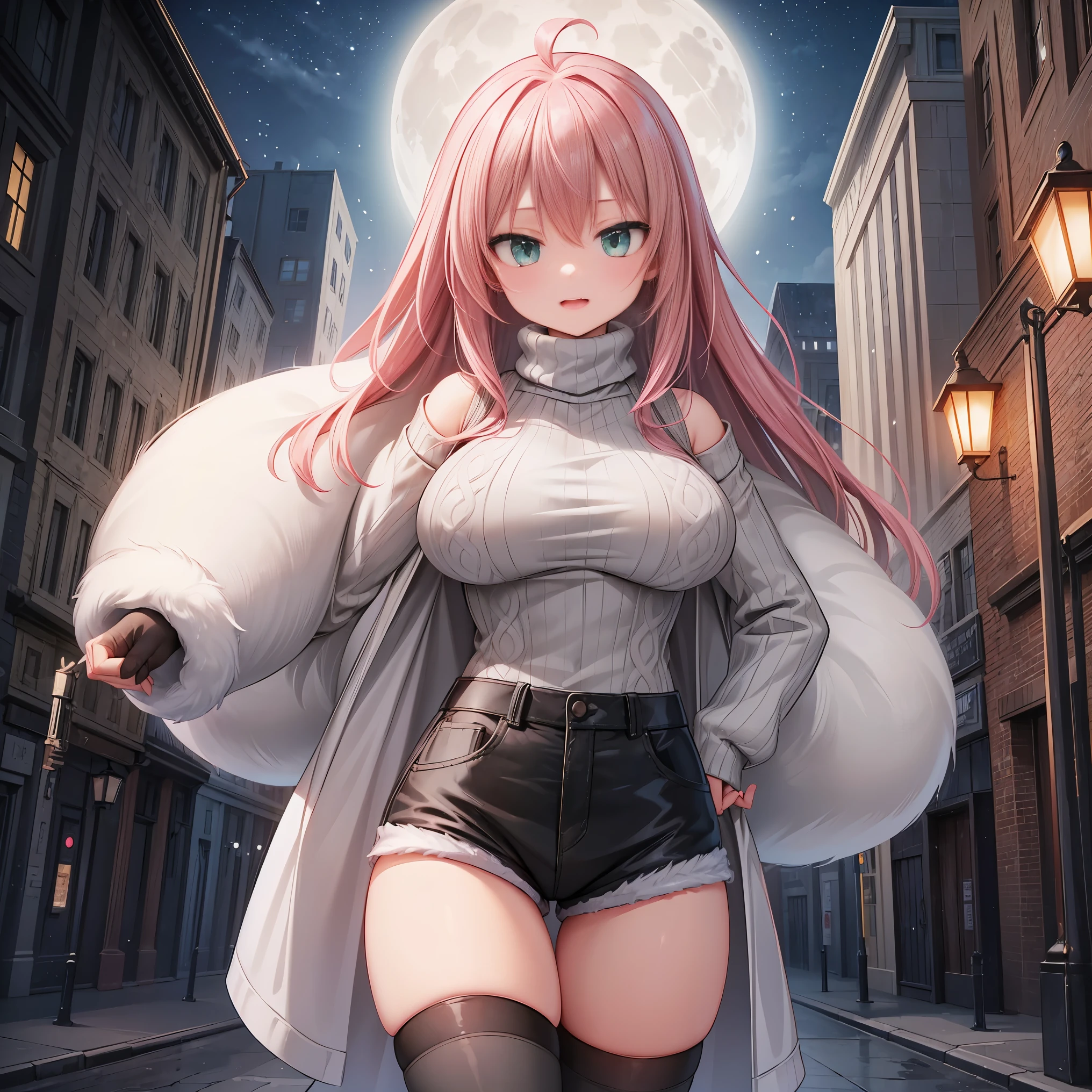 (masterpiece,best quality, detailed,hires:1.4),portrate,1girl,standing,16yo,(solo:1.4),winter city scape,(street:1.3),(big moon,detailed full moon,night sky,fine sky),BREAK,super dericate hair,ahoge,pink hair,long hair,detailed face,(green eyes),beautiful detailed eyes,sparkling eyes,big eyes,tareme,bloom,glowing,glowing skin,huge breast,BREAK,(White fur coat:1.3),BREAK, (gray turtleneck sweater:1.48),BREAK,(denim short shorts:1.2), (black stockings:1.4),(brown long boots:1.2),close up breast,(happy:1.4),blush,(head to crotch,below the knee and feet are out of sight:1.4),from below,