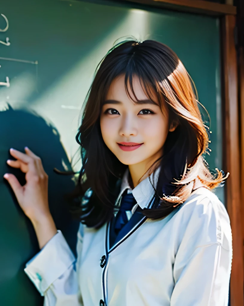 NSFW,highest quality,excellent details,ultra high resolution,1 girl, bob hair, smile,looking at camera,beautiful and detailed face、floating hair、professional lighting、school uniform、thighs,blackboard