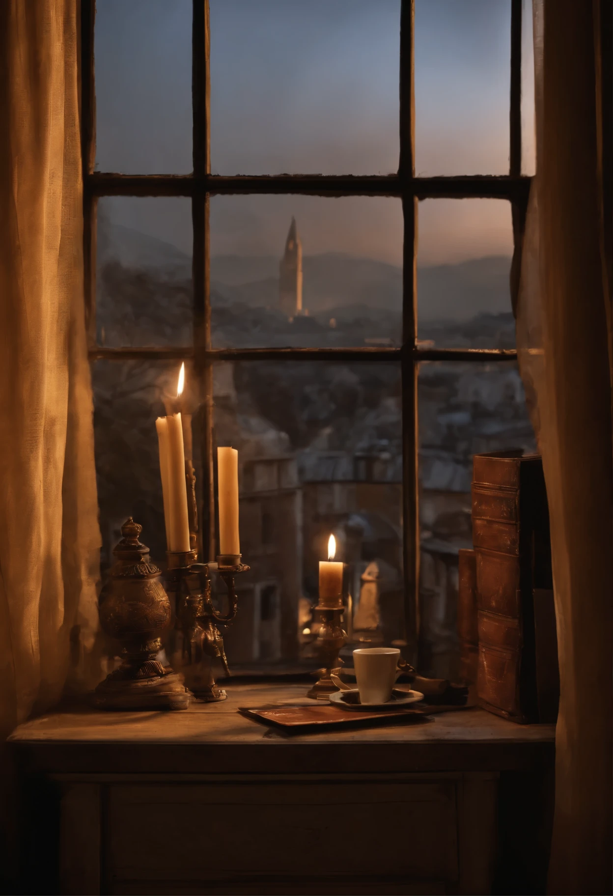 I am looking at the Gothic city from the window of my cozy Gothic apartment. I am standing quite close, but I can also see the surroundings of the apartment, there are books and candles around. In front of me is an old table with various things. it's raining outside and it's cloudy, you can see the big cathedral in the distance, the city is nicely lit, there are big mountains in the distance, realism