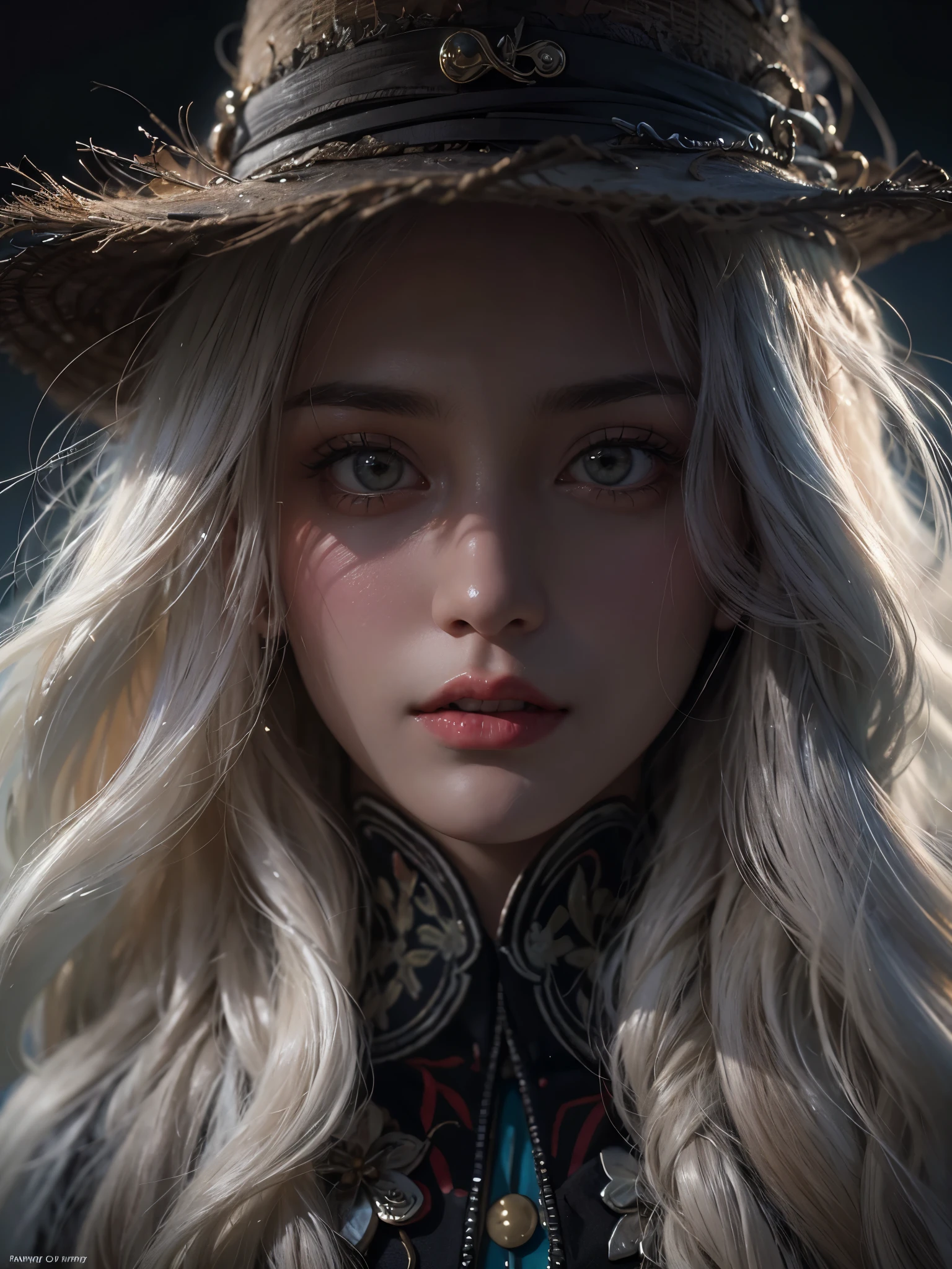 （front focus），（in the darkness nigth：1.6），Surrealist female portraits by David Hockney and Alphonse Mucha，fantasy art，photo-realistic，dynamic lighting，art station，volume lighting，highly detailed face，4k，Award-winning， 1 girl, in the dark, deep shadow, discreet key, cowboy shot, (official clothes:1.4), white long hair, brunette colored hair，facing the viewer，white and soft skin