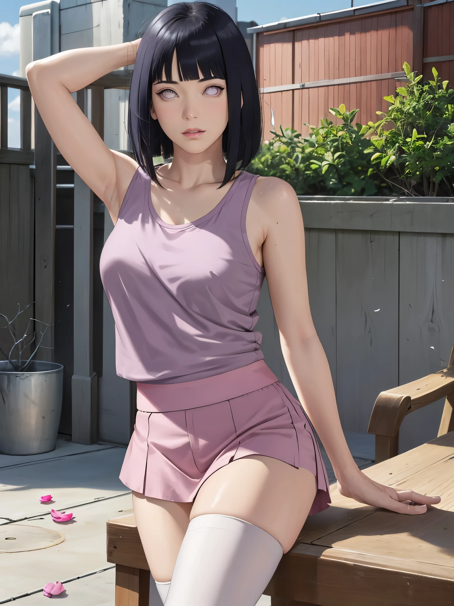 Show your armpits,masterpiece, disorganized, Hinata\(bolt\), 1 girl, alone,mature woman, Tank top, high waist short skirt, looking at the viewer, (falling petals), perfect composition, be familiar with lips, big breasts, beautiful face, body proportions, blush, (pink lips), long hair, purple eyes, gentle gaze, surreal, be familiar with, photo shoot, realistic face and body, Thighhighs