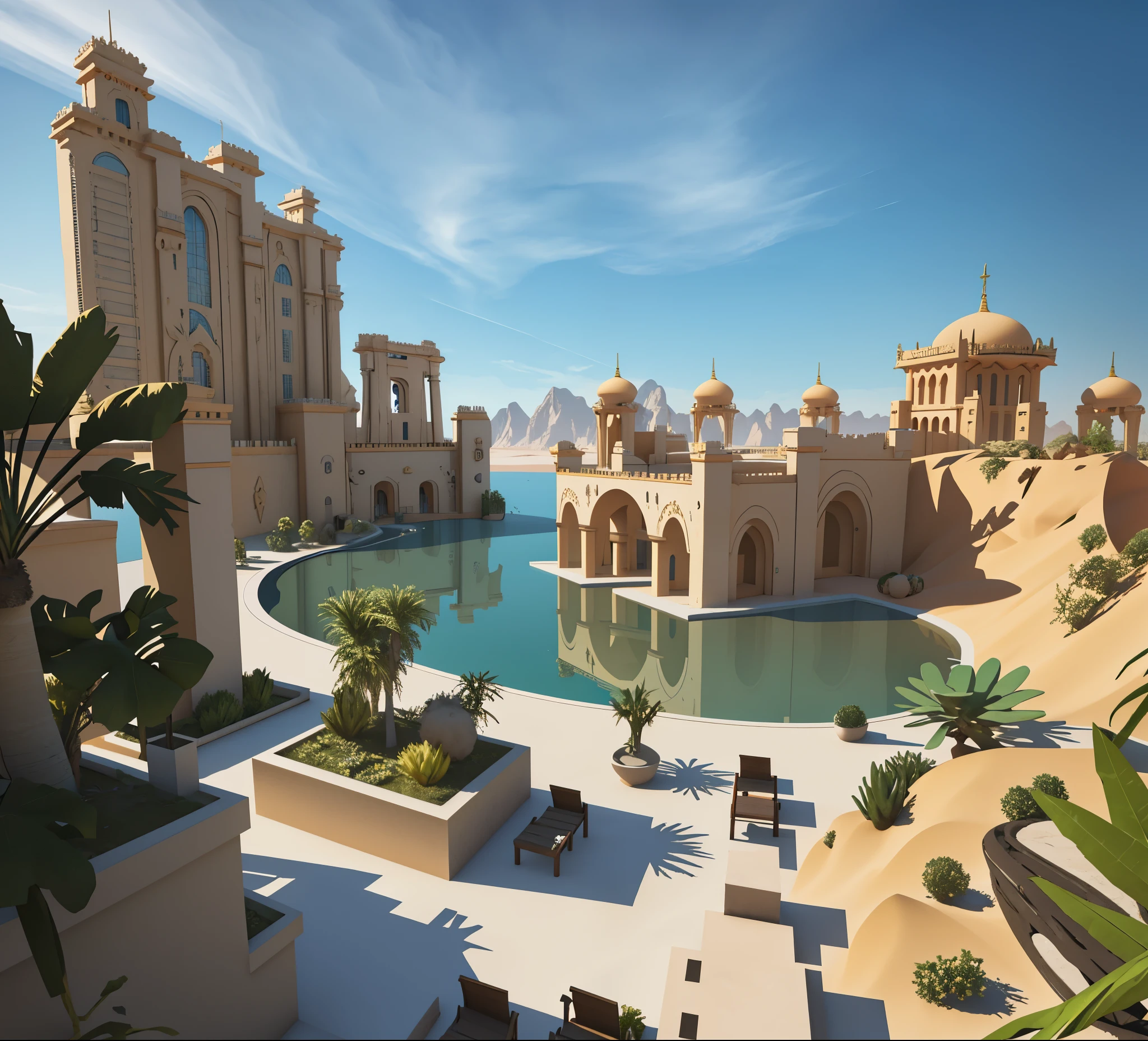 hay una foto de una hermosa ciudad con un lago en el medio, y con edificios de la modernidad alrededor y en el fondo Render 3D estilizado, renderizado 3d estilizado, renderizado en motor irreal 5, 3 d estilizar escena, oasis en el desierto, en un palacio futurista en el desierto, Arte conceptual estilizado, global illumination!! intrincado, motor irreal de verano 5, pintura mate renderizada 3d