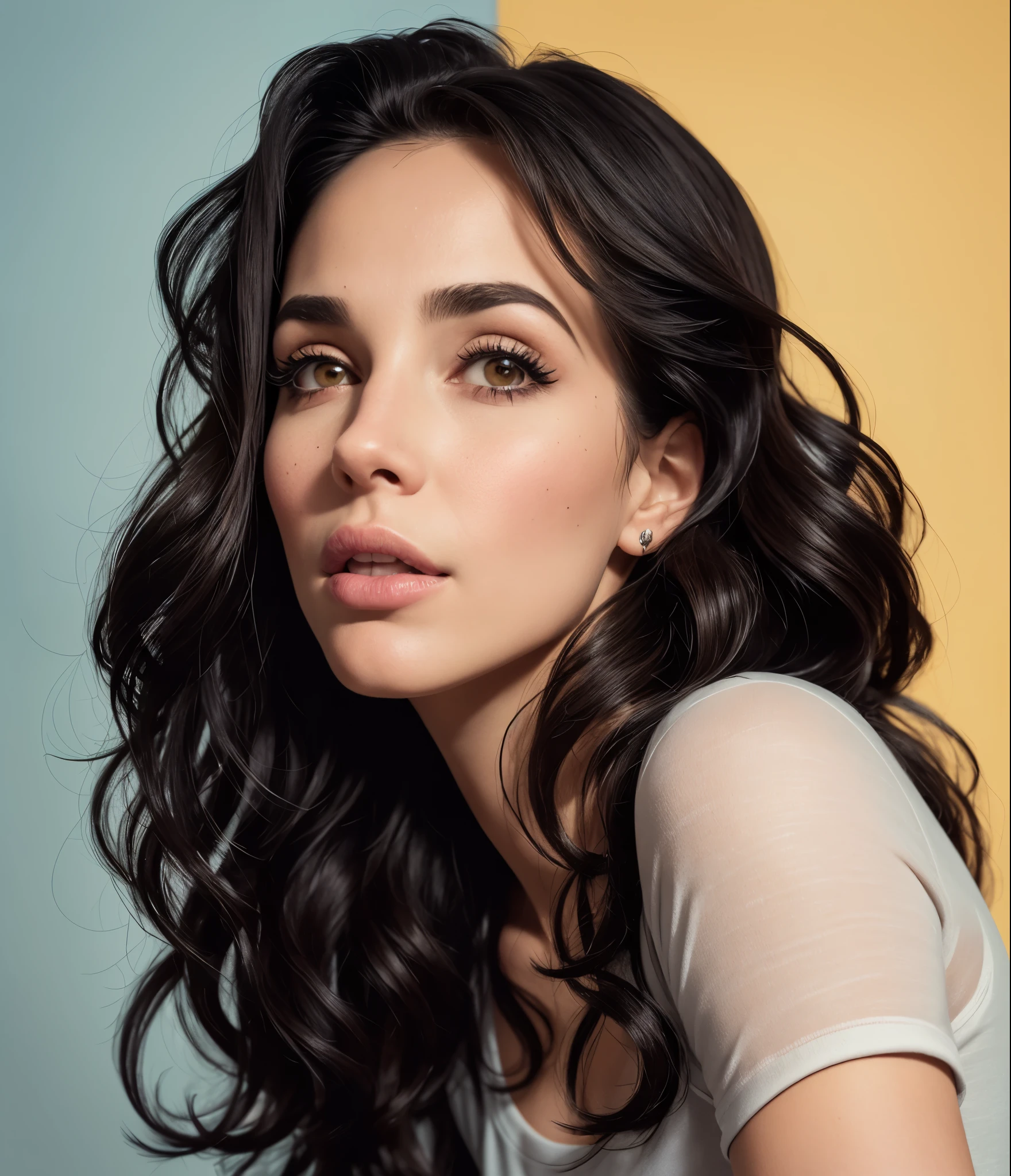 um close de uma mulher com longos cabelos pretos e olhos azuis, no art style by bowater, usando uma camiseta, retrato colorido detalhado, pintura realista de linda garota, belo retrato, retrato de alta qualidade, estilo de arte realista, 🤤 retrato de , epic portrait