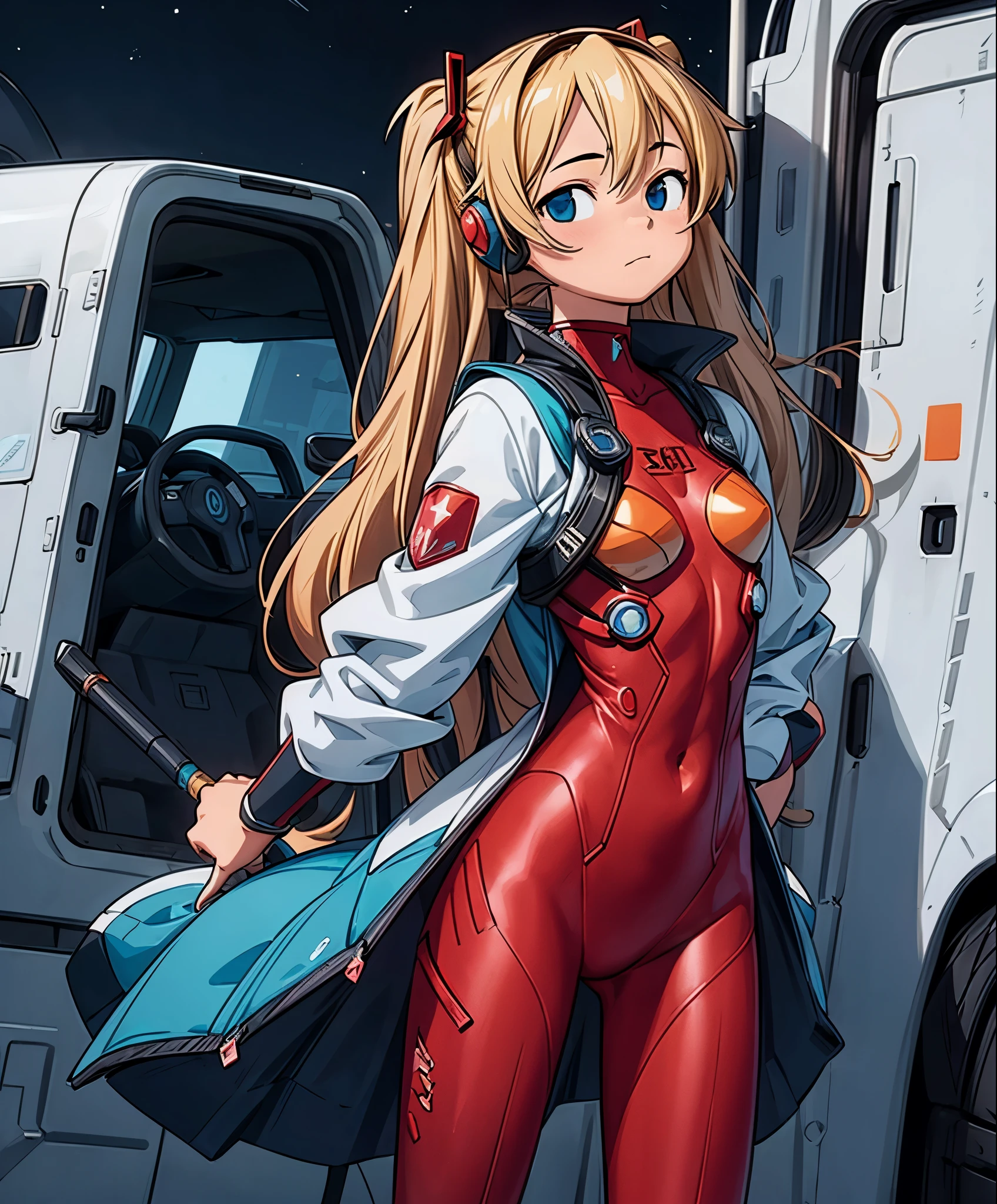 (masterpiece、highest quality、highest quality、official art、beautiful beautiful:1.2)、(1 girl:1.3)hatsune miku、twin tails,(helicopter shot), Dynamic English, Super detailed, shape, close, in a straight line, 1 girl, new,
 ((Soryu Asuka Langley, interface headset, red bodysuit: 1.4, blonde),Seus olhos brilharam como estrelas dreameras,(bright eyes:1.233),(beautiful and detailed eyes:1.1),(No expression, close your mouth),(Are standing), 
(Mechanical room with tools and spaceship windows on white spaceship),
(night: 1.2), dreamer, [[delicate fingers and hands: 0.55]::0.85],(finger details),