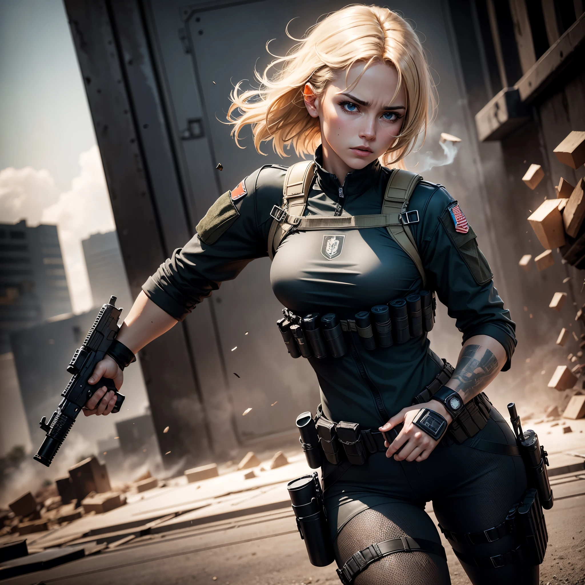 Female secret agent in combat: 8k, RAW photo, best quality, masterpiece, extraordinarily realistic scene, photorealistic image, high resolution, detailed textures, realistic lighting, dynamic shadows, (female secret agent with toned and lean body, intense expression, piercing blue eyes, short blonde hair, bulletproof vest, military gear, concealed weapon, combat boots, camouflage pants, tactical belt), mid-action pose, intricately detailed face, defined features, (gritty, intense, high contrast) background, dimly lit environment, explosions in the distance, broken debris scattered on the ground, (realistic gun with glossy finish, smokes
