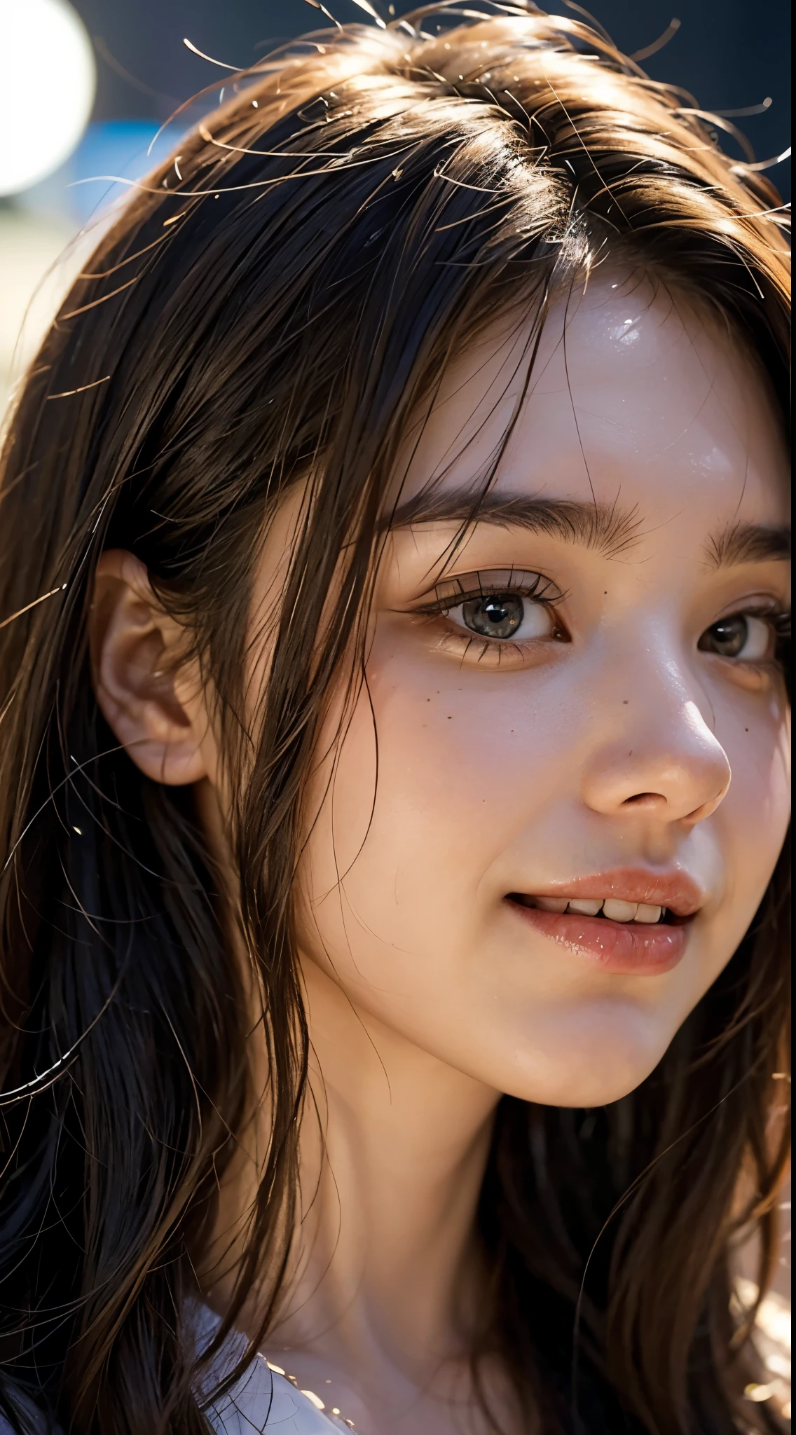 cute 22 year old,1 girl,Narrow face ,(front photo)、Face with dimples,tokyo street,night, cityscape,city lights, ((face close up:1.5)),((blonde straight long hair))close, 8k, RAW photo, highest quality, masterpiece,realistic, photo-realistic,smiling showing white teeth,