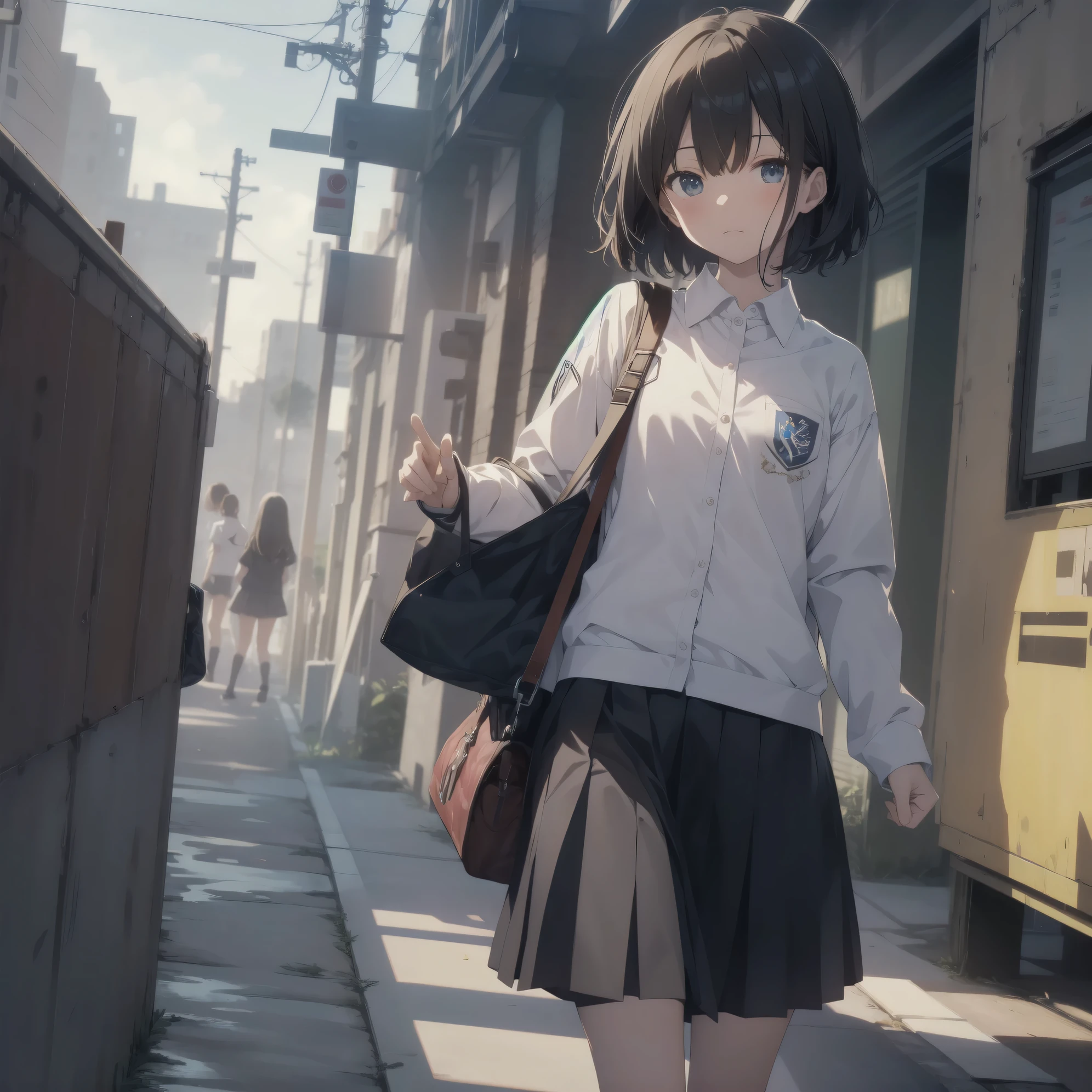 Super absurd quality by the god of art, super detailed, High resolution, anime moe art style, Best Anime 8K Kona-chan Wallpaper, pixiv contest winner, perfect anatomy, break,(眠そうにalone学校へ行く女の子を描いてください. )break,1 girl, (alone, woman, baby fears old:1., full finger,, The charm of an immature body, (very short hair), bangs, flat chest, Small Bodysuits, small ass, between legs, small black eyes, detailed and beautiful eyes, Well-proportioned iris and pupils, expressive eyes, sleepy eyes, High resolutionの詳細な髪, ribbon, neck ribbon, skirt, collared shirt, pleated skirt, school uniform, school bag,(detailed lighting), (detailed background), On the way to school. break,super dense skin, master lighting, 8k, figure,,Absurd Hi-Res