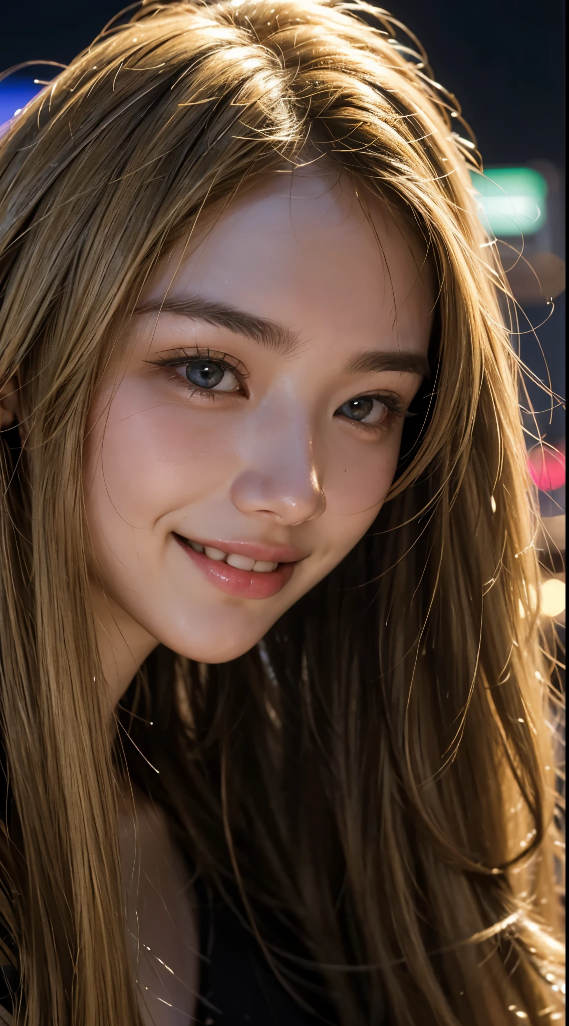 cute 22 year old,1 girl,Narrow face ,(profile)、Face with dimples,tokyo street,night, cityscape,city lights, ((face close up:1.5)),((blonde straight long hair))close, 8k, RAW photo, highest quality, masterpiece,realistic, photo-realistic,smiling showing white teeth,
