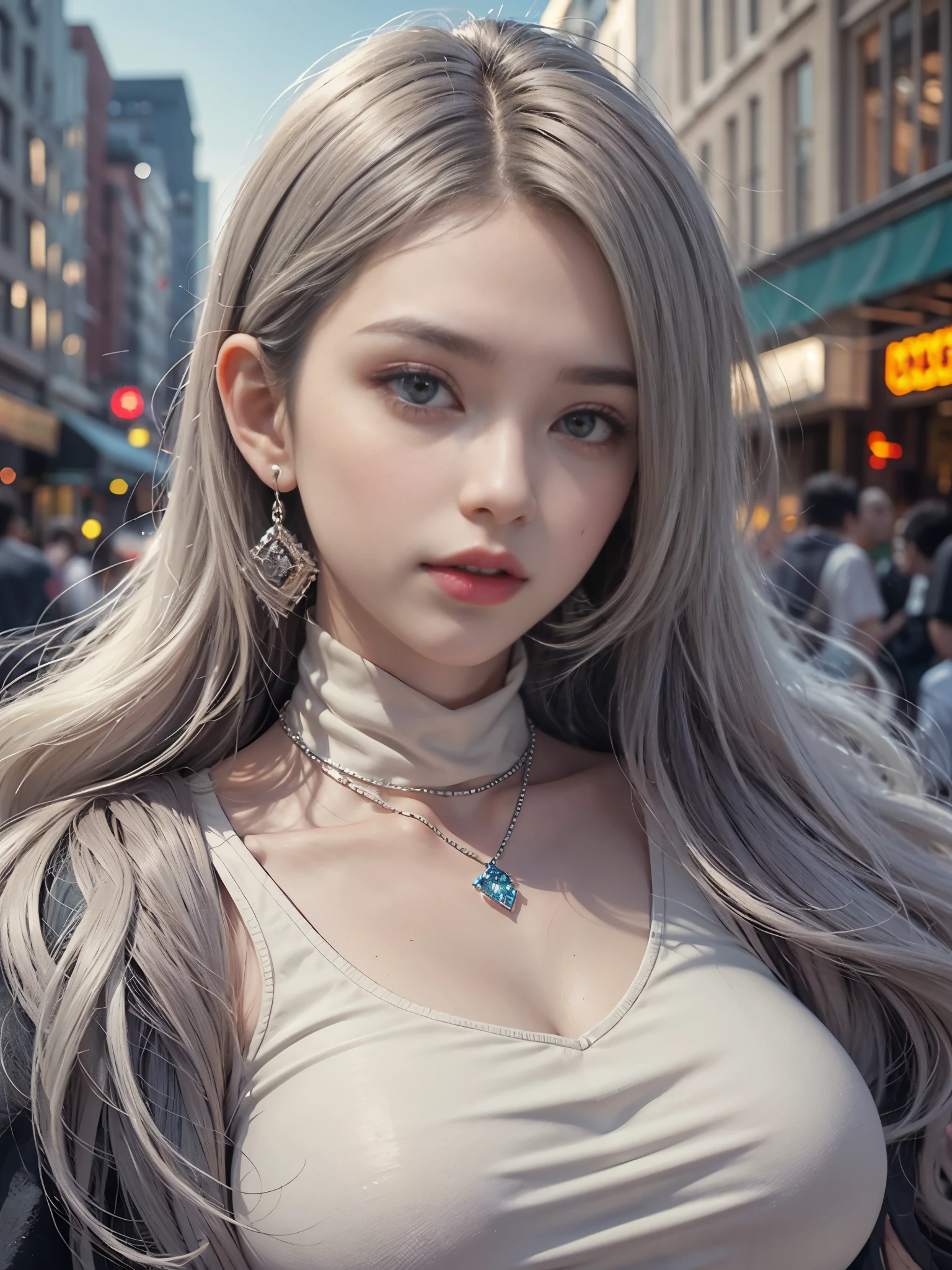  Beautiful Girl College Student，masterpiece，light makeup，red lips，silver hair，messy long hair，street background，beautiful，grace。super fine details，work，authentic texture，realistic movie lighting，完美的work，8k，hd，exquisite features，white skinny turtleneck tops，white skinny shorts，slim body shape，big and bright eyes，，earrings，necklace，The tattoo is