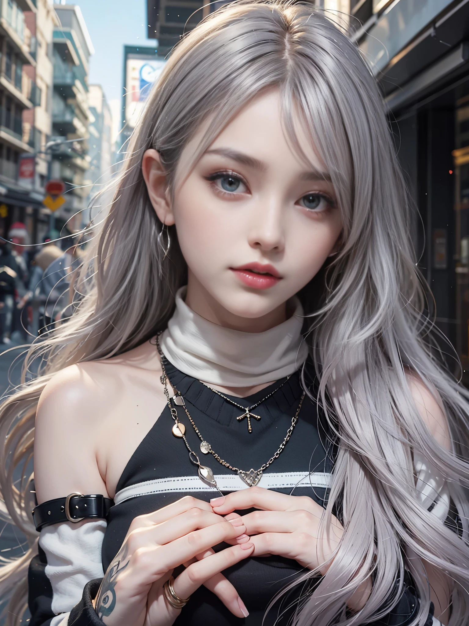 Beautiful Girl College Student,masterpiece,light makeup,red lips,silver hair,messy long hair,street background,beautiful,grace。super fine details,work,authentic texture,realistic movie lighting,完美的work,8k,hd,exquisite features,white skinny turtleneck tops,white skinny shorts,slim body shape,big and bright eyes,,earrings,necklace,The tattoo is