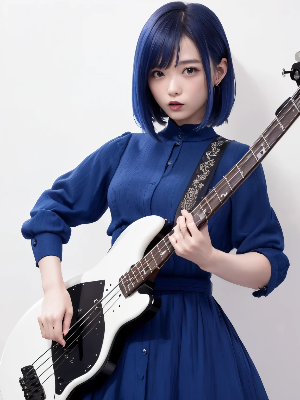 (((best image quality、8k、Beautiful woman、Pure white wall background)))、bassist、I'm playing bass、playing the basedium hair woman、blue hair color、angry look、wearing a light blue dress、