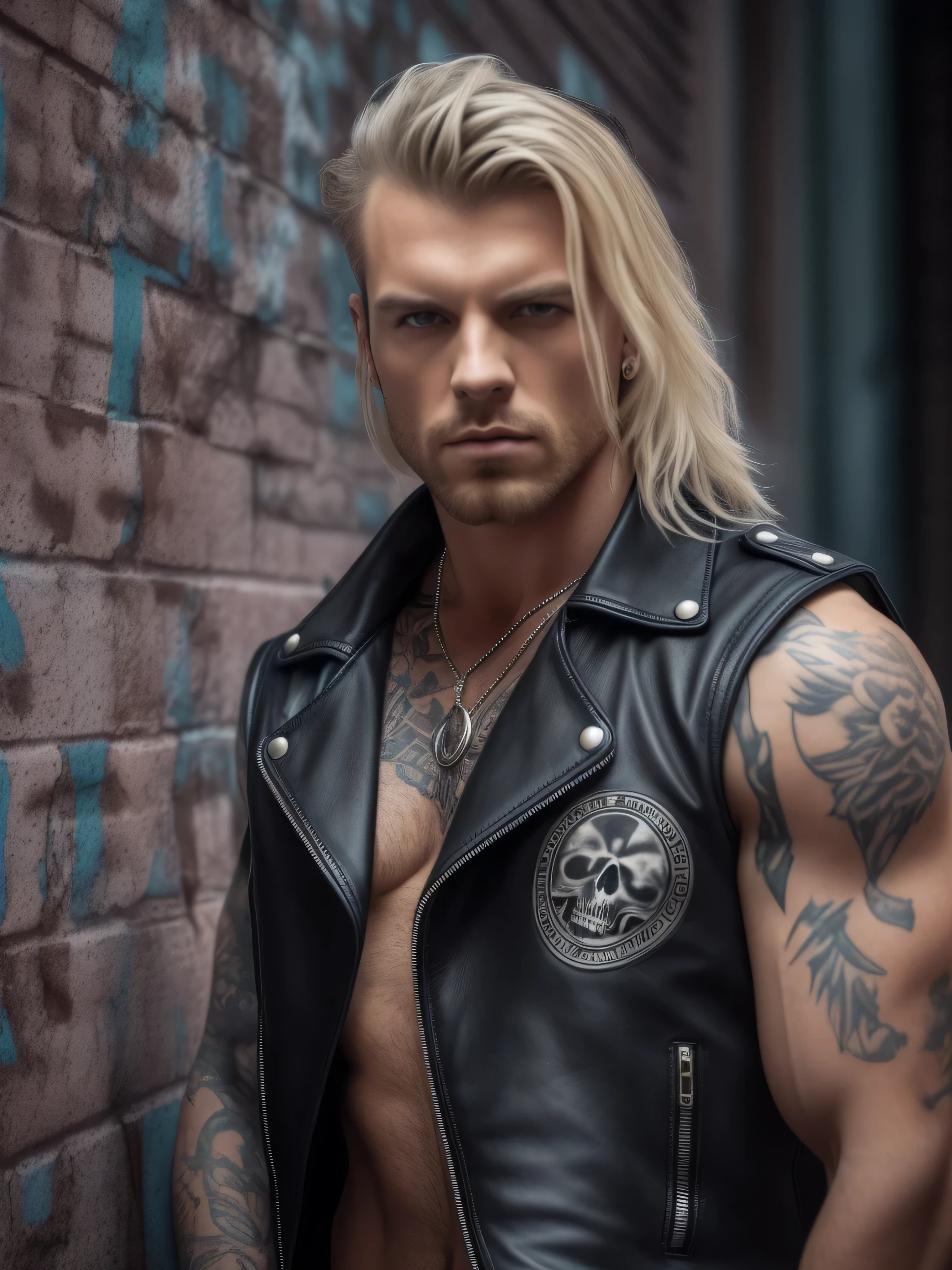 sensual rock star male, black studded sleeveless leather vest, black leather pants, blond hair, green eyes, muscular shoulder, shoulder tattoo, defiant piercing gaze, defiant pose leaning against a wall in a city alley full of skull pattern graffiti, on a light rainy night