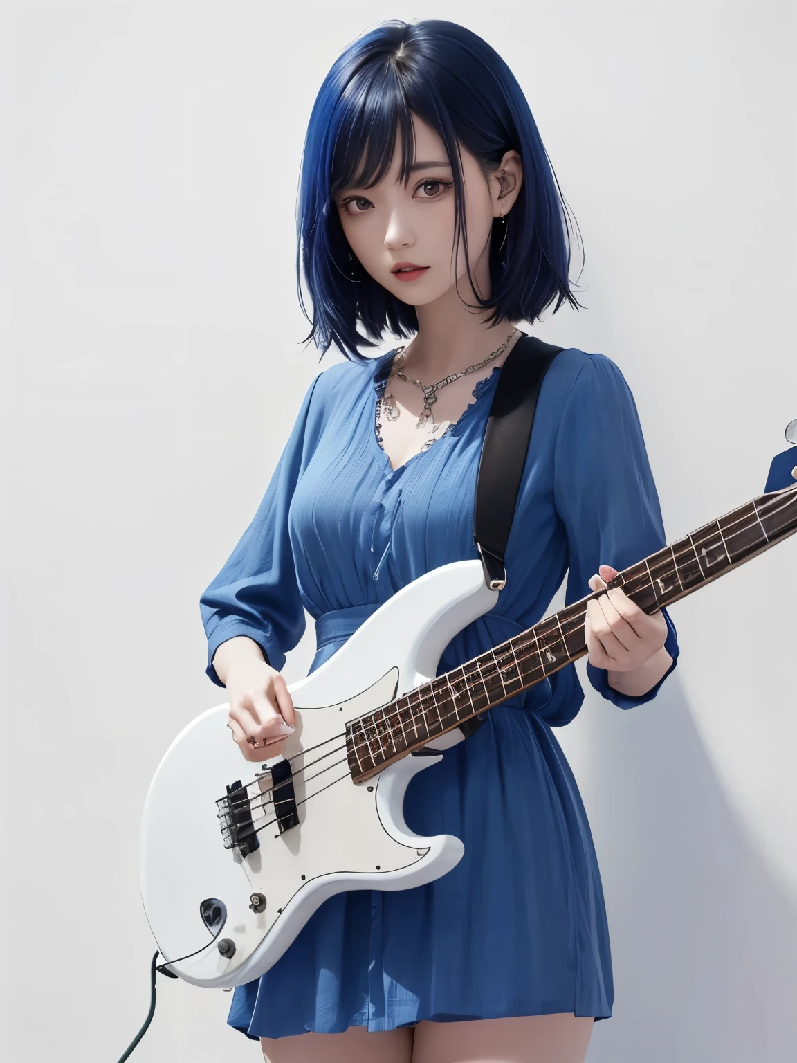(((best image quality、8k、Beautiful woman、Pure white wall background)))、bassist、I'm playing bass、playing the basedium hair woman、blue hair color、angry look、wearing a light blue dress、