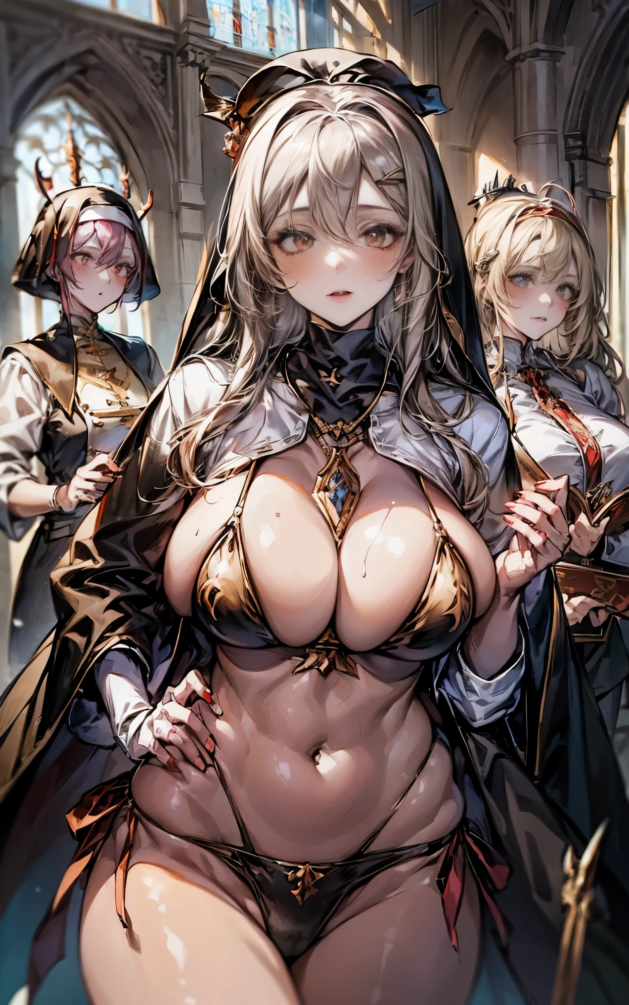 best quality people,masterpiece,final solution,fluffy,非常にcolorfulな,colorful,saint,long silver hair,curly,mature woman,good,(nunのドレス:1.3),(((nun:1.3, angel with a pair of wings on its back:1.3, devil with a pair of horns:1.3))),(3 women:1.8))),Cathedral,sanctuary,normal posture