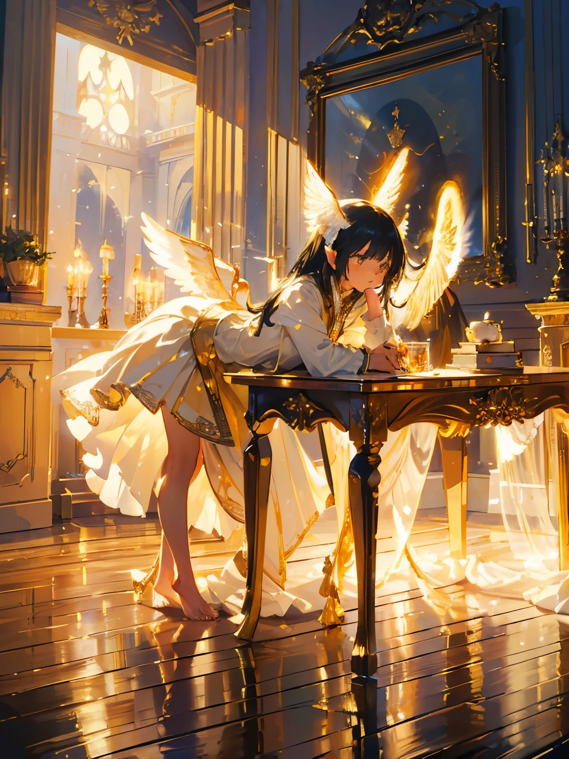 Ultra-realistic photo of a girl in a majestic white and golden ball gown dress, big beautiful dress, Intricate billowy ball gown with lots of ruffles and rhinestones (highest quality, table top, ((angel wings:1.2))。 art station, fantasy art:1.2), palace room, beautiful cute girl, (black long hair:1.3), (intricate gold short skirt, barefoot:1.2, full body shot)