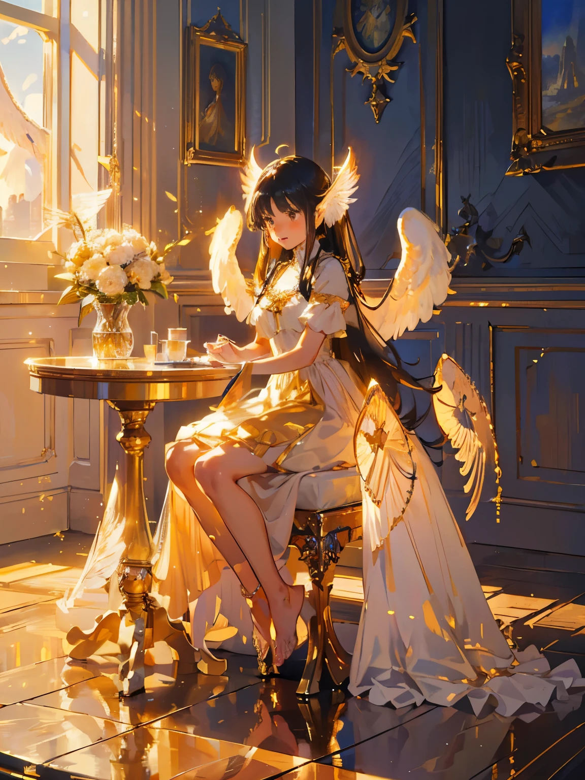 Ultra-realistic photo of a girl in a majestic white and golden ball gown dress, big beautiful dress, Intricate billowy ball gown with lots of ruffles and rhinestones (highest quality, table top, ((angel wings:1.2))。 art station, fantasy art:1.2), palace room, beautiful cute girl, (black long hair:1.3), (intricate gold short skirt, barefoot:1.2, full body shot)