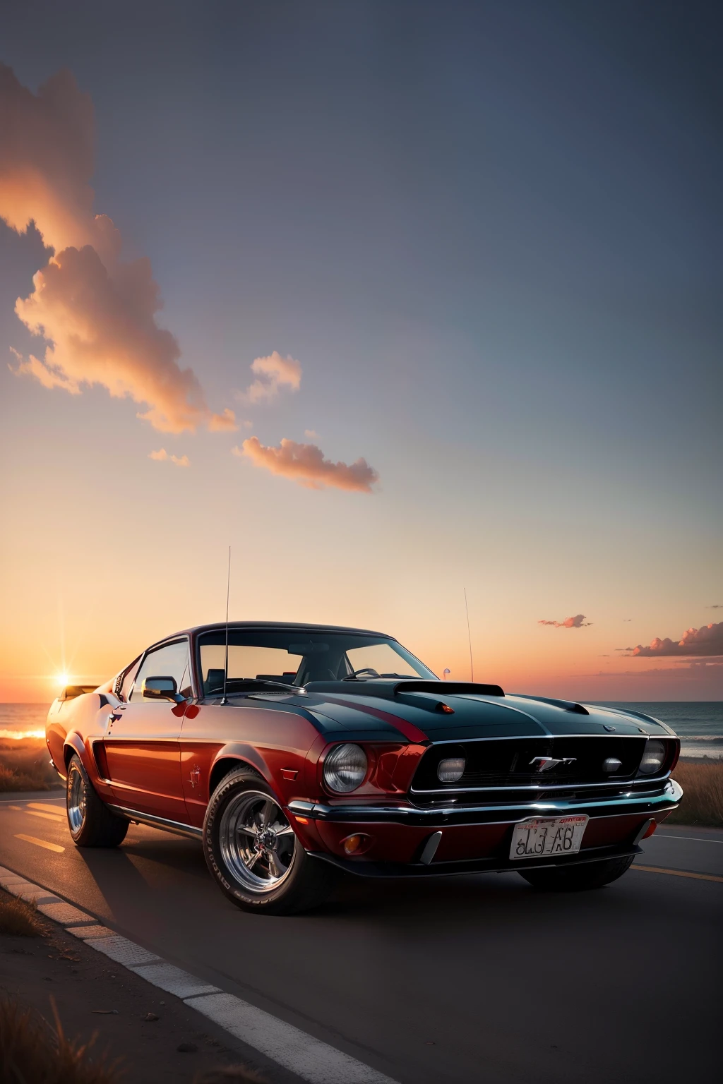 "Classic red Ford Mustang at sunset with the horizon in the background."