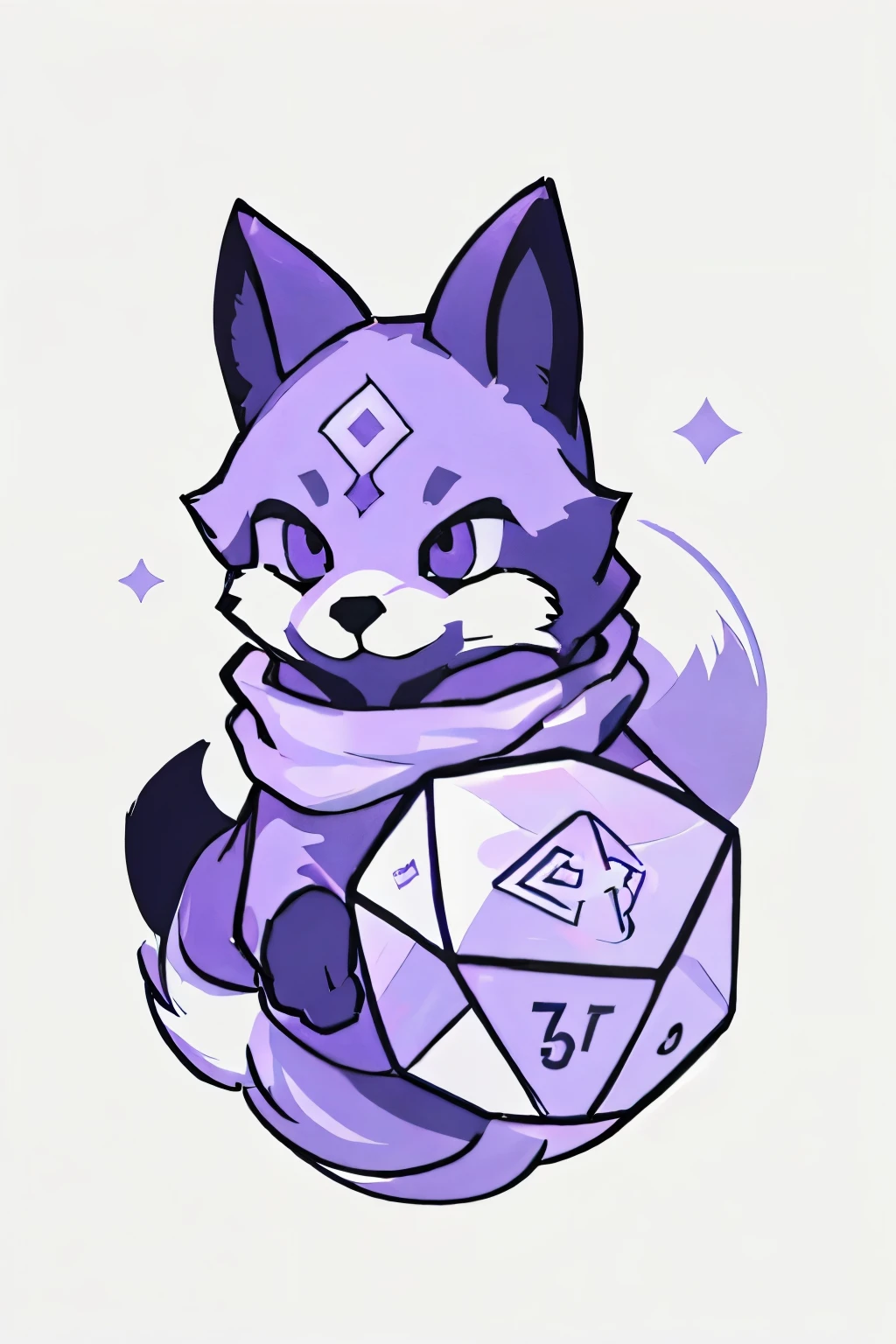 one minimalist purple fox, geometrical, hold a d20 logo in purple, white background