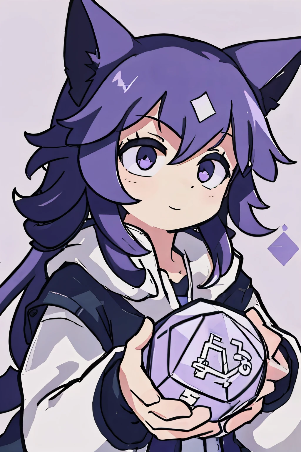 one purple fox geometrical hold a d20 logo in purple, white background