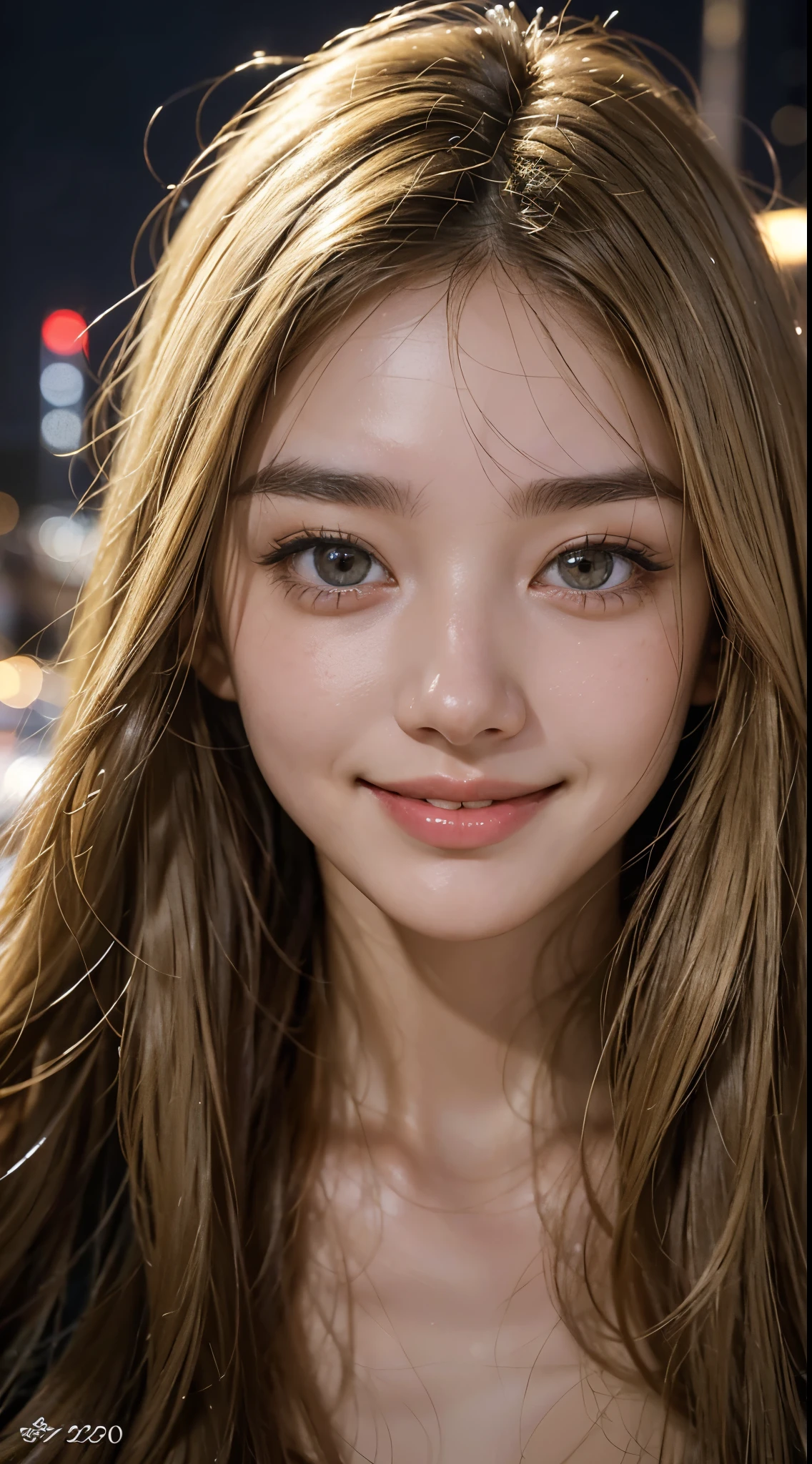 cute 22 year old,1 girl,Narrow face ,((From above:1.2))、Face with dimples,tokyo street,night, cityscape,city lights, ((face close up:1.5)),((blonde straight long hair))close, 8k, RAW photo, highest quality, masterpiece,realistic, photo-realistic,smiling showing white teeth,