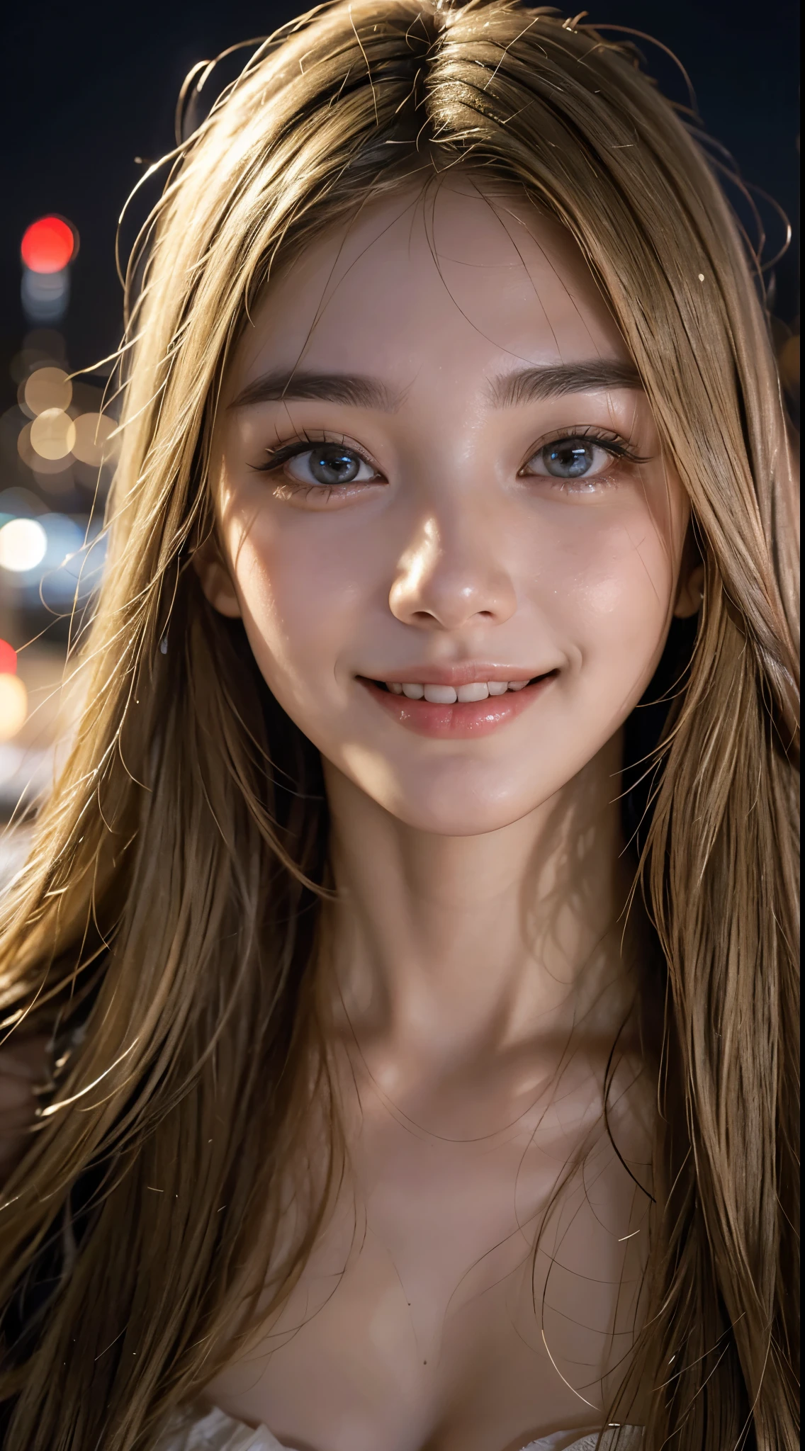 cute 22 year old,1 girl,Narrow face ,((From above:1.2))、Face with dimples,tokyo street,night, cityscape,city lights, ((face close up:1.5)),((blonde straight long hair))close, 8k, RAW photo, highest quality, masterpiece,realistic, photo-realistic,smiling showing white teeth,