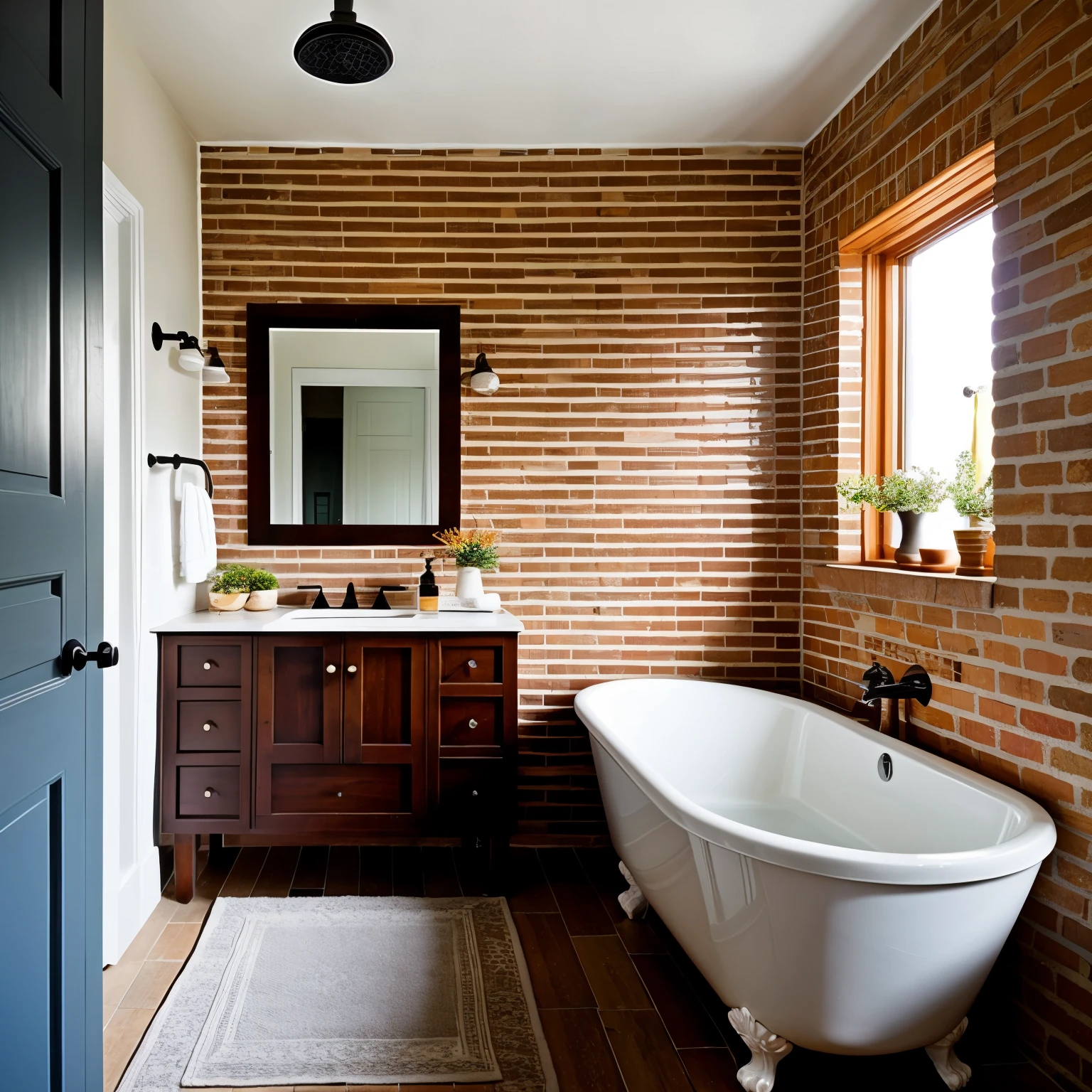 bathroom with a bathtub in a Scandinavian style, dark orange 19th-century brick on the wall, and a cabinet under the sink in Sonoma oak.