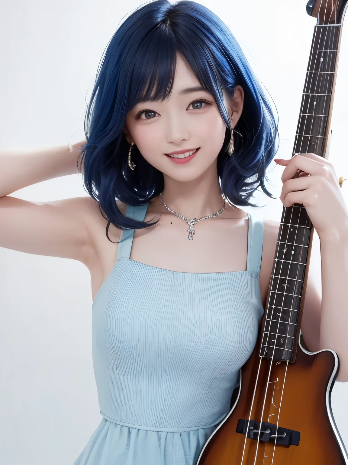 (((best image quality、8k、Beautiful woman、Pure white wall background)))、bassist、I'm playing bass、playing the basedium hair woman、blue hair color、A big smile、wearing a light blue dress、