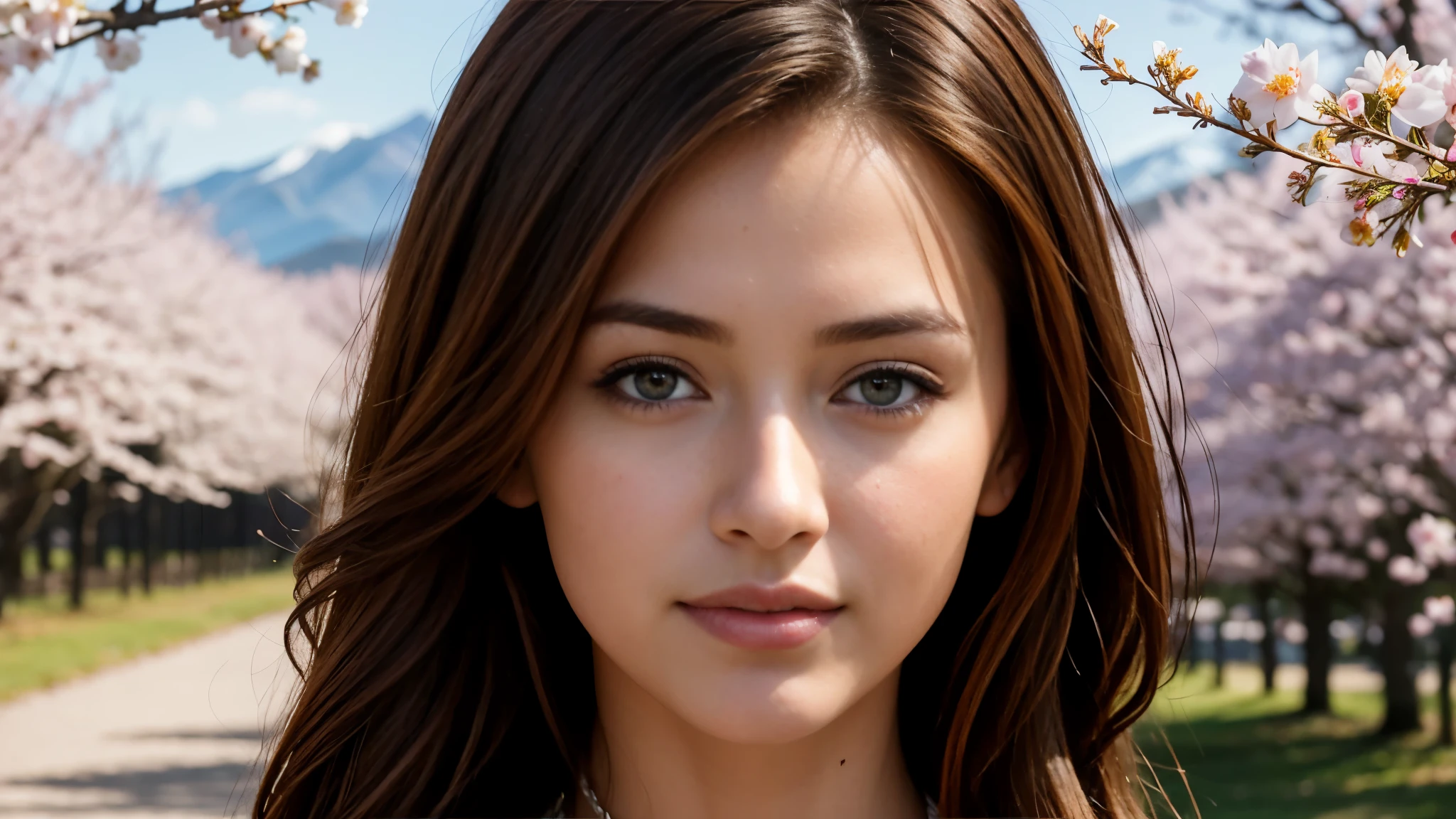 masterpiece, Best Quality, Photorealistic, Ultra-detailed, finely detailed, High resolution, 8K Wallpaper, 1 beautiful woman, light brown hair, sharp focus, Perfect dynamic composition, Beautiful detailed eyes, detailed hairs, Detailed realistic skin texture, Smiling, portrait, Model body type, Take a walk in the park with cherry blossoms and Fuji mountain background,