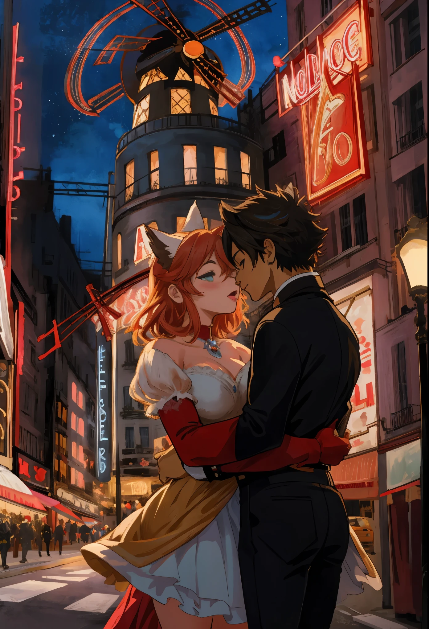 top quality, highres, High-quality illustrations, unparalleled masterpiece, arafed image of a couple in a city street at night, furry, anthro, kemono, moulin rouge, moulin rouge, movie artwork, concept art of love, movie art, movie poster painting, bestselling movie art poster, romance novel cover, martin ansin, inspired by Vincent Lefevre, belle epoque, romanticis, raphaël, cinematic lighting,