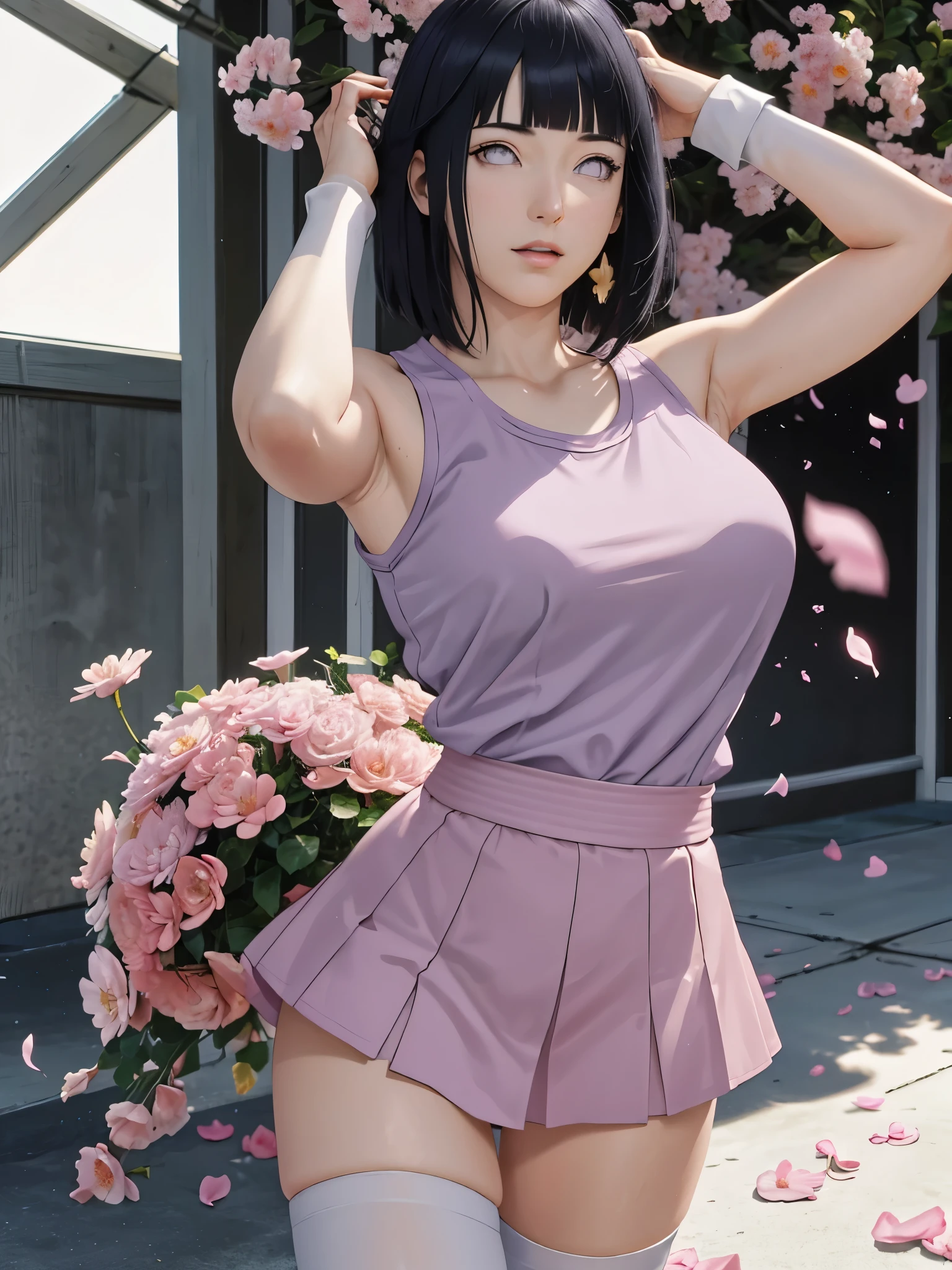 Show your armpits,masterpiece, disorganized, Hinata\(bolt\), 1 girl, alone,mature woman, Tank top, high waist short skirt, looking at the viewer, (falling petals), perfect composition, be familiar with lips, big breasts, beautiful face, body proportions, blush, (pink lips), long hair, purple eyes, gentle gaze, surreal, be familiar with, photo shoot, realistic face and body, Thighhighs
