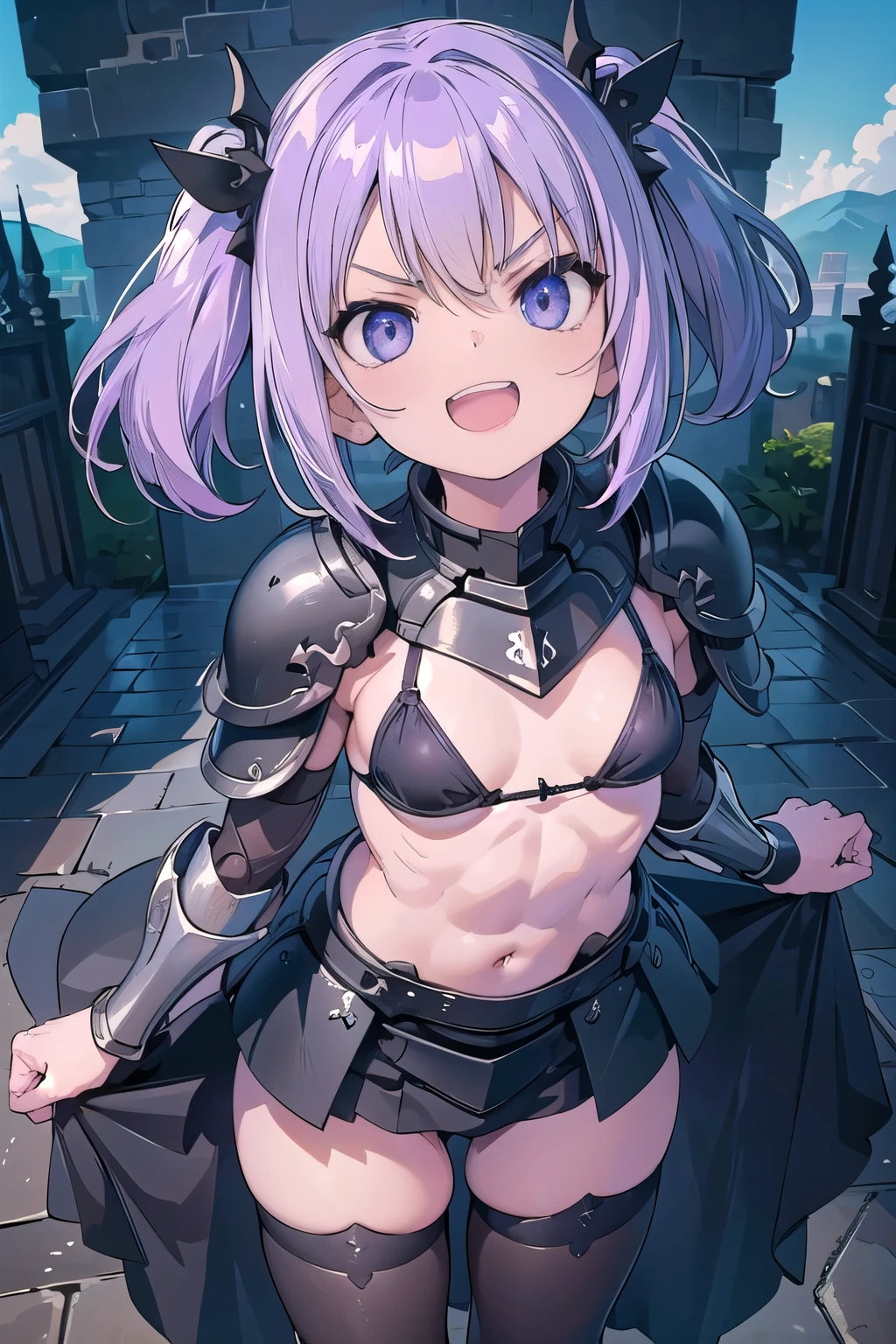 masterpiece, middle ages, Castle, 1 boy, gray eyes, purple hair, twintails, short hair, ((black bikini armor knight)), cute eyes, medium breast, ((((glaring)))), ((from above)), ((front)), open mouth, Vivid depiction, , ((abs)) ahegao, ((small breasts)), dark black knight armor, black robe, skirt, Thighhighs, hair ornament, smile+happy, smile, Are standing (tooth), ((looking up:1.3))), (face close up:1.5) orgasm, scared,