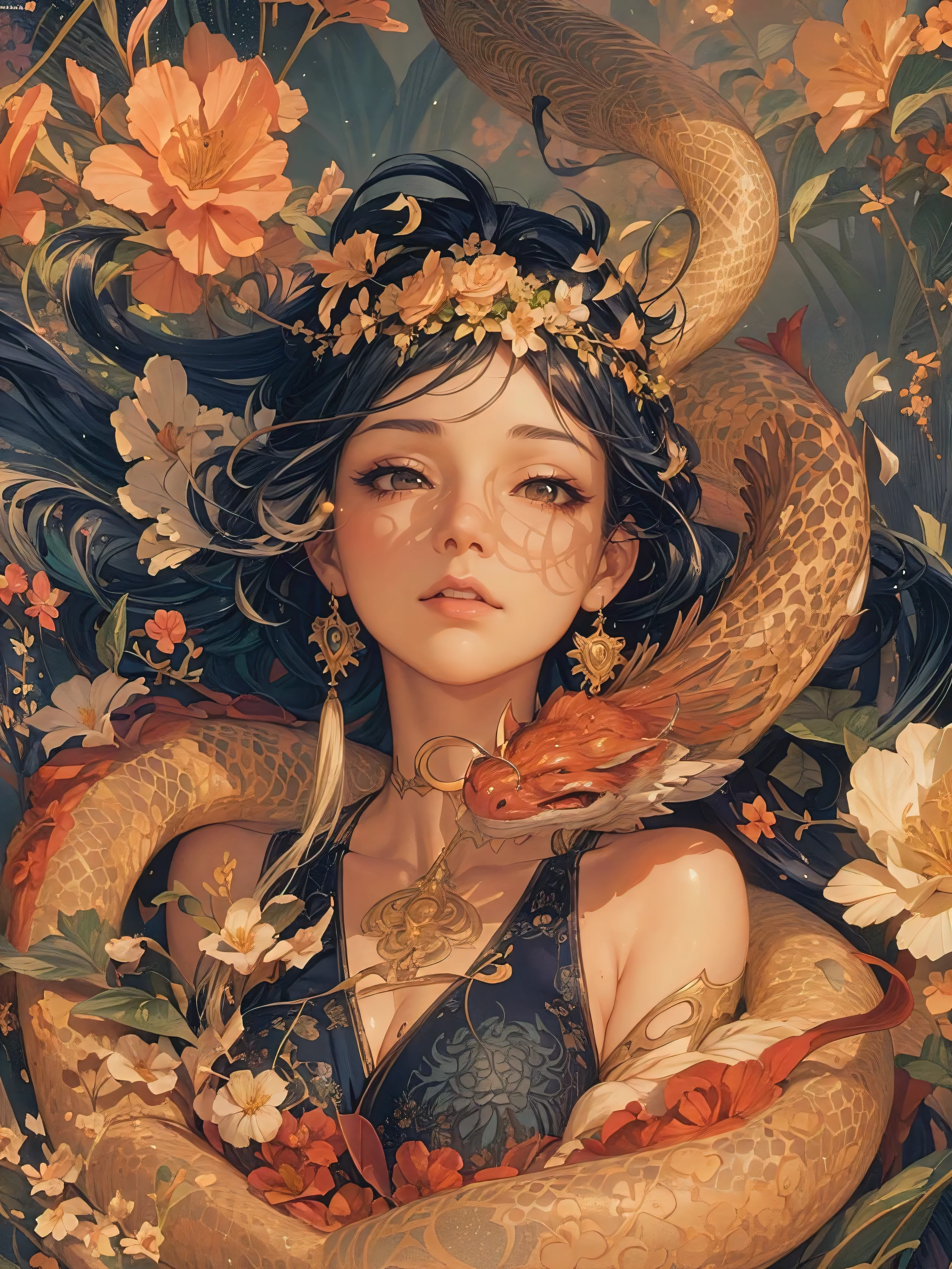 (obra de arte, melhor qualidade, ultra-detalhado, fotorrealista), corpo perfeito, seios grandes, sexy, atraente, pintura de uma mulher com uma cobra e flores no cabelo, the portrait of the dragon girl, WLOP e Ross Tran, james jean e wlop, stunning digital illustration, Apenas Bartel, Ross tran 8k, exquisite digital illustration, Loish e Ross Tran, beautiful digital illustration, Loish e Wlop, Alphonse Mucha e Ross Draws, a beautiful art illustration