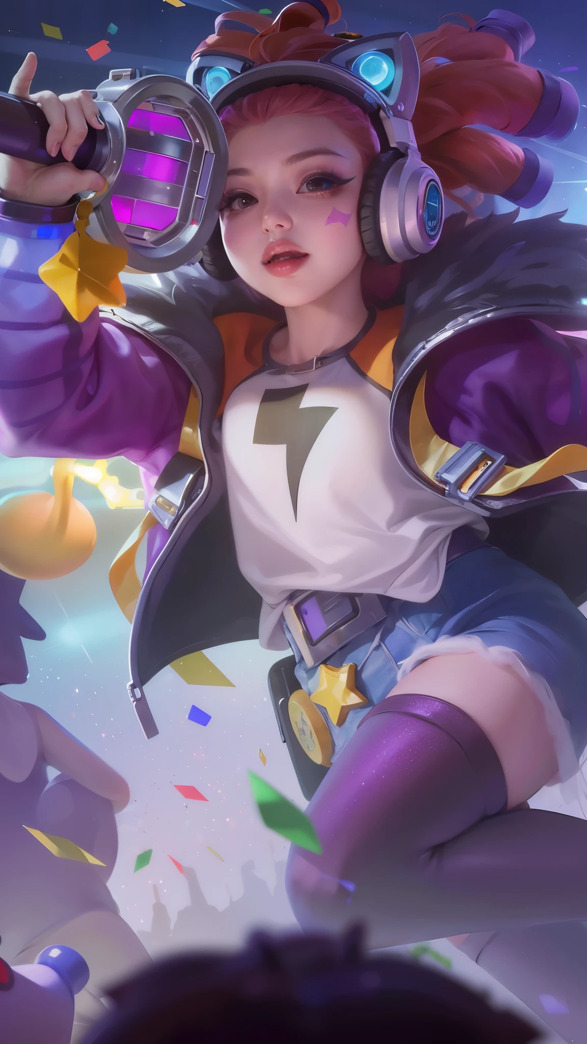 (8k, RAW photo, photorealistic:1.25) ,( lipgloss, eyelashes, gloss-face, glossy skin, best quality, ultra highres, depth of field, chromatic aberration, caustics, Broad lighting, natural shading,Kpop idol) looking at viewer with a serene and goddess-like happiness, there is a woman with headphones on holding a nintendo wii controller, youthful taliyah, kda, orianna, extremely detailed artgerm, artgerm lau, artgerm jsc, style artgerm, zenra taliyah, ! dream artgerm, official splash art, range murata and artgerm, ig model | artgerm.
