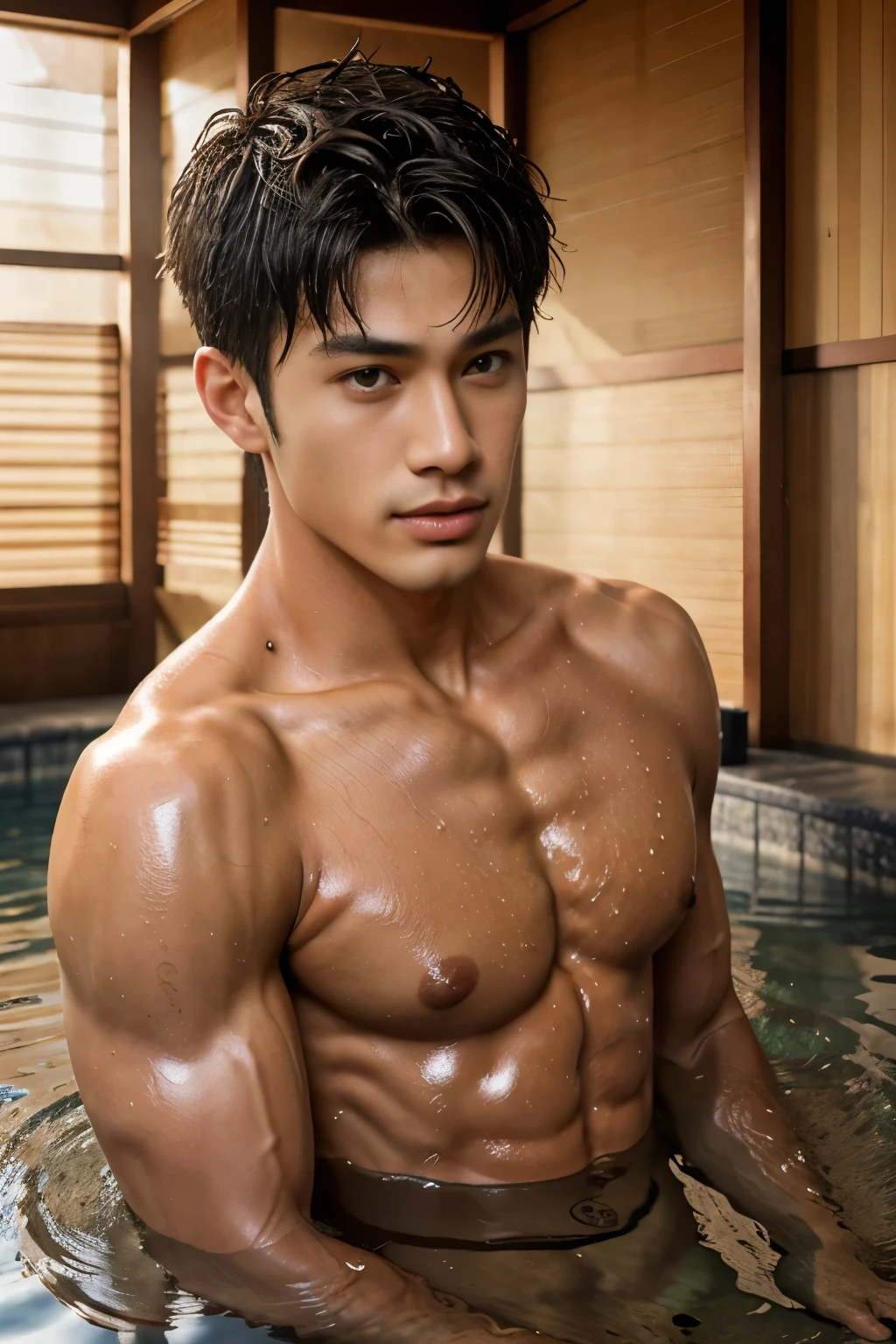 (best quality, masterpiece), 1boy, handsome, kpop idol, intricate details, handsome detailed face, completely naked, penis, muscular, bathing in onsen, looking at viewer, depth of field, detailed background, diffused natural sunlight, natural skin glow, highly detailed glossy eyes