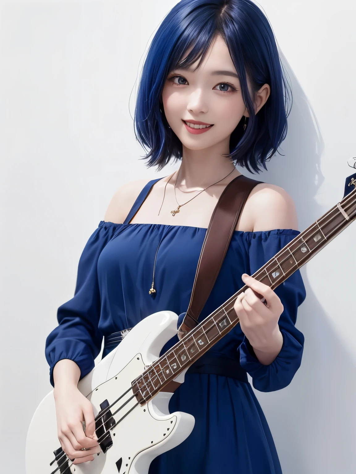 (((best image quality、8k、Beautiful woman、Pure white wall background)))、bassist、I'm playing bass、playing the basedium hair woman、blue hair color、smile、wearing a light blue dress、