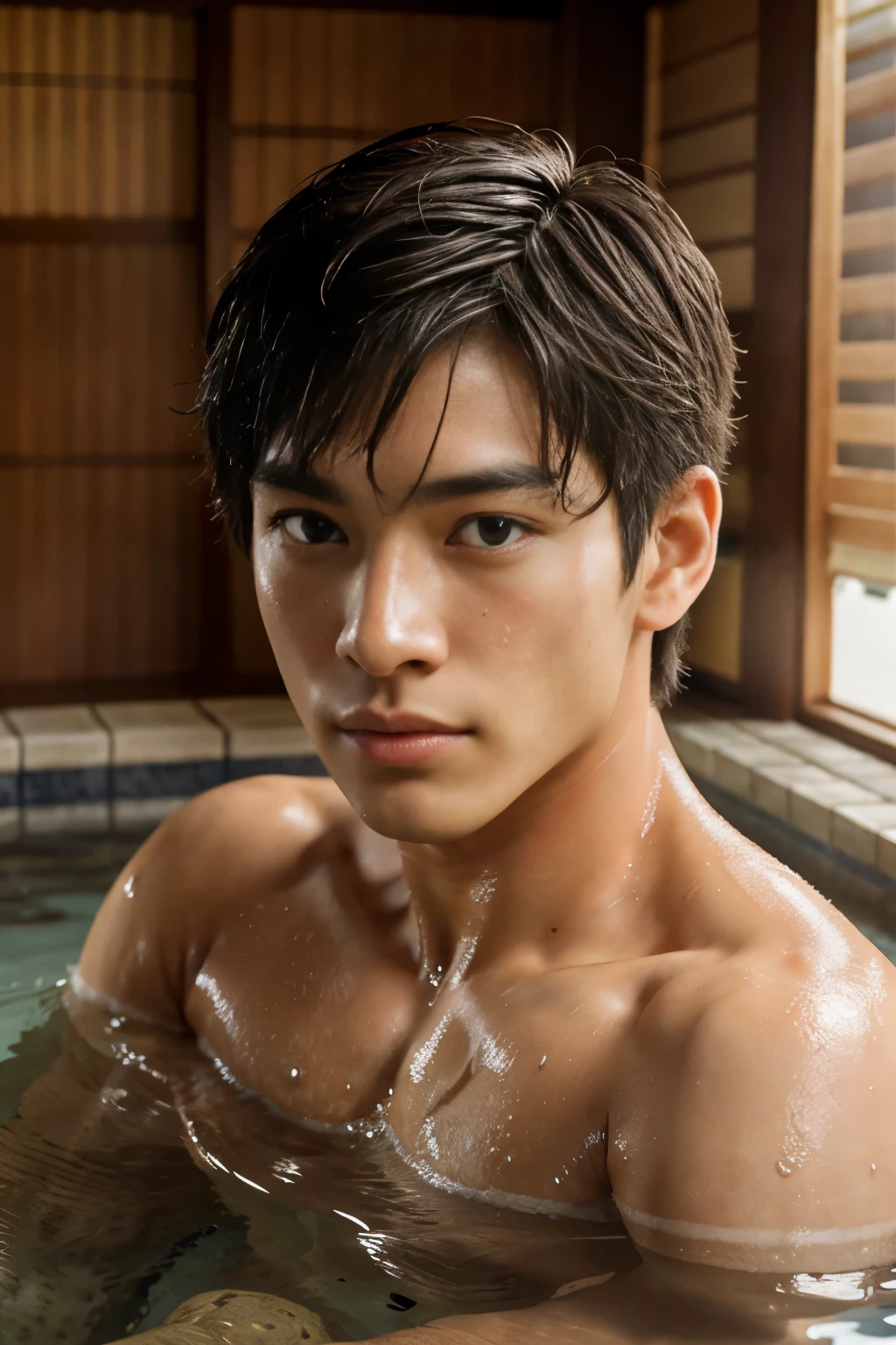 (best quality, masterpiece), 1boy, handsome, kpop idol, intricate details, handsome detailed face, completely naked, penis, muscular, bathing in onsen, looking at viewer, depth of field, detailed background, diffused natural sunlight, natural skin glow, highly detailed glossy eyes