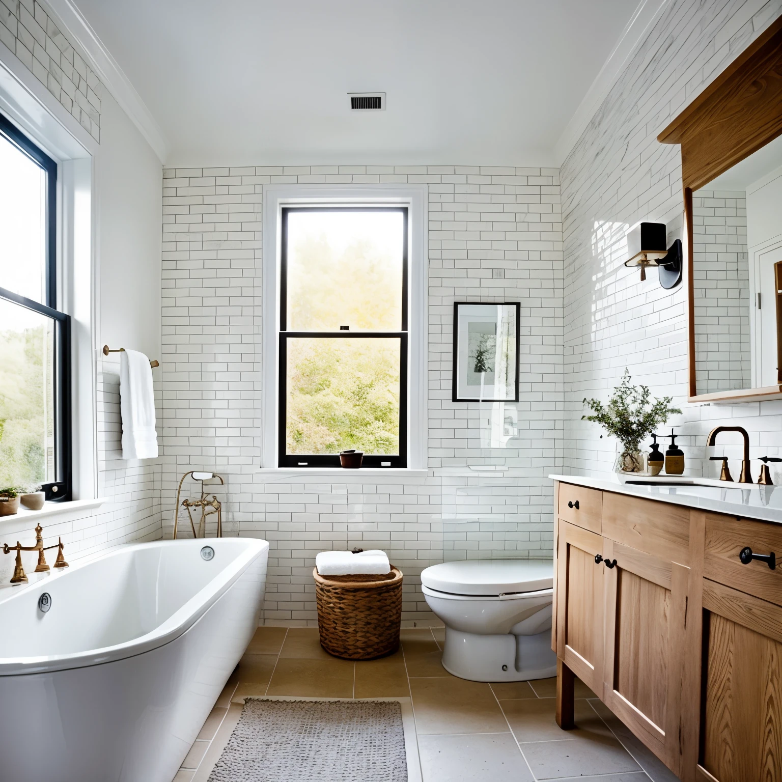 bathroom with a bathtub in a Scandinavian style, white 19th-century brick on the wall, and a cabinet under the sink in Sonoma oak.