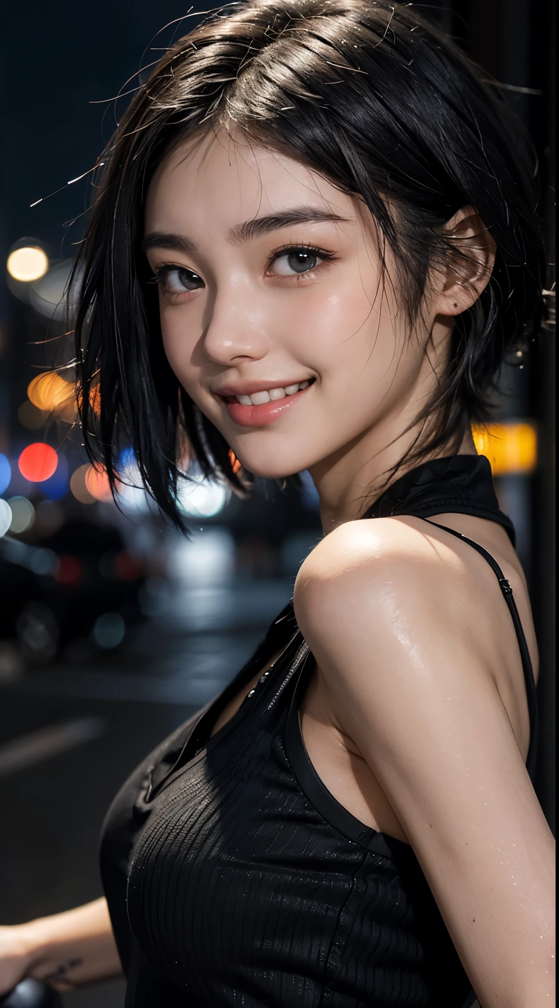 cute 18 year old,1 girl, tokyo street,night, cityscape,city lights, ((face close up:1.5)),((smile showing white teeth)),((Jet black short all back hair))close, 8k, RAW photo, highest quality, masterpiece,realistic, photo-realistic,