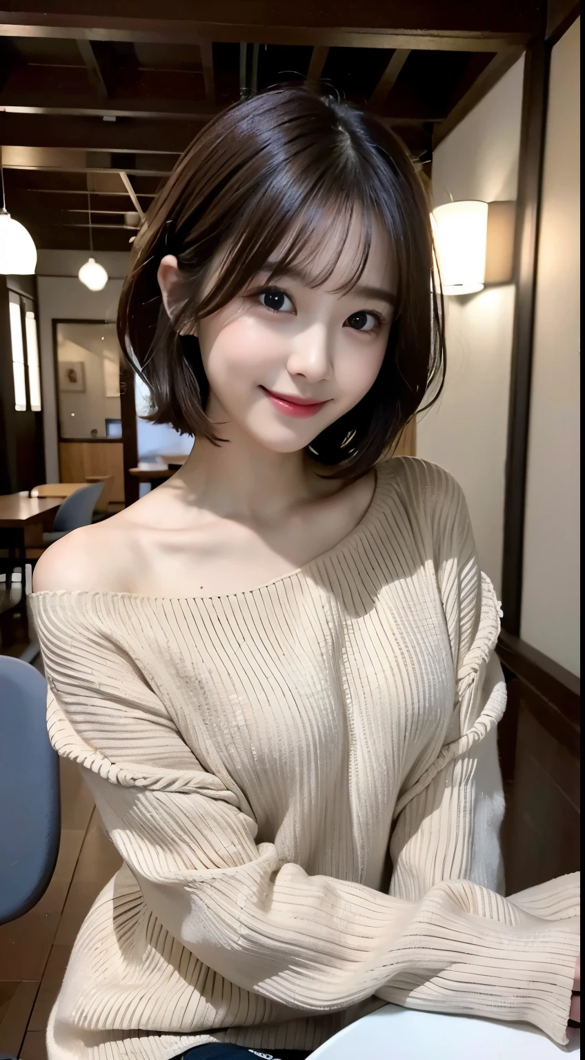 table top、highest quality、figure、 super detailed、finely、 High resolution、8k wallpaper、完璧なダイナミックな構figure、24 year old cute girl、detailed beautiful face、finelyて可愛い目、rough skin、modest smile、wavy short hair、small breasts、bold sexy pose、winter casual wear、
