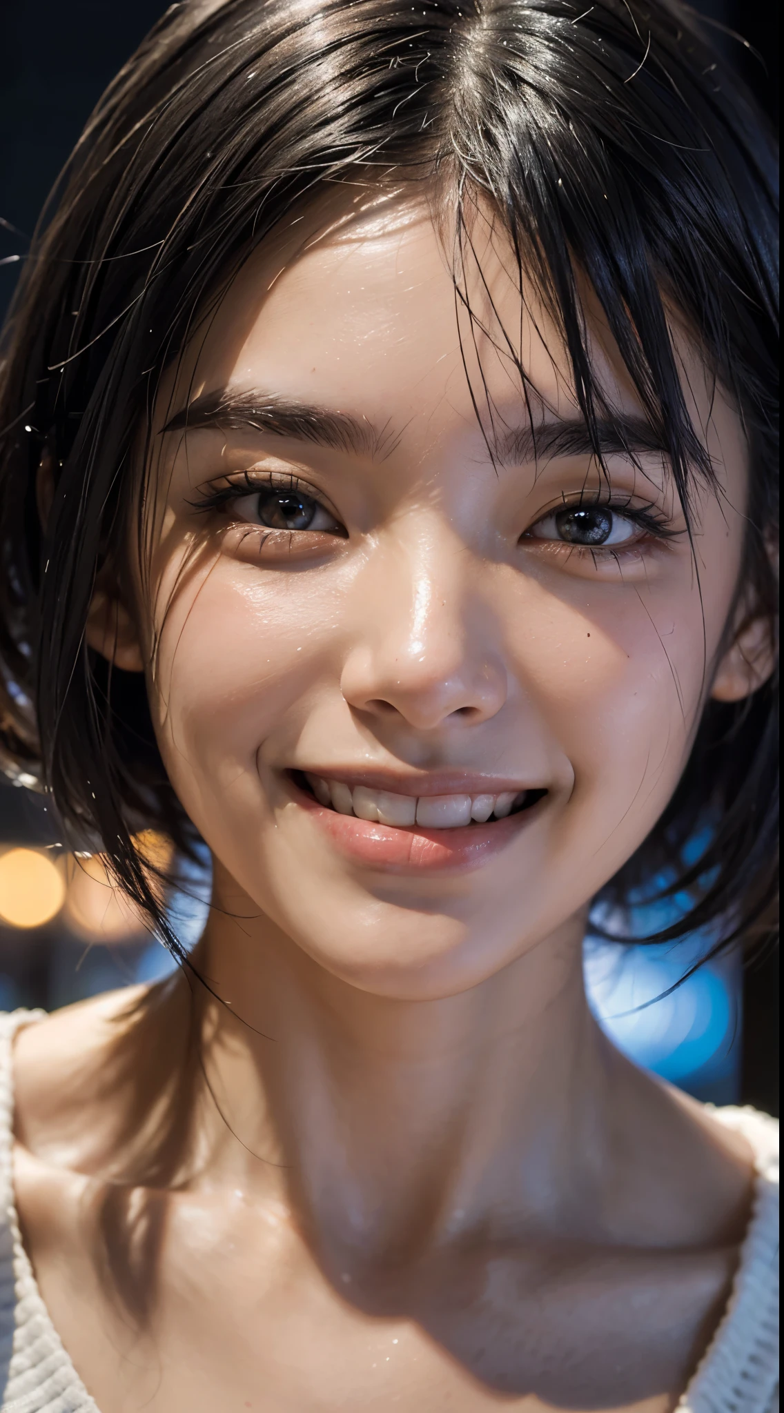 cute 18 year old,1 girl, tokyo street,night, cityscape,city lights, ((face close up:1.5)),((smile showing white teeth)),((Jet black short all back hair))close, 8k, RAW photo, highest quality, masterpiece,realistic, photo-realistic,