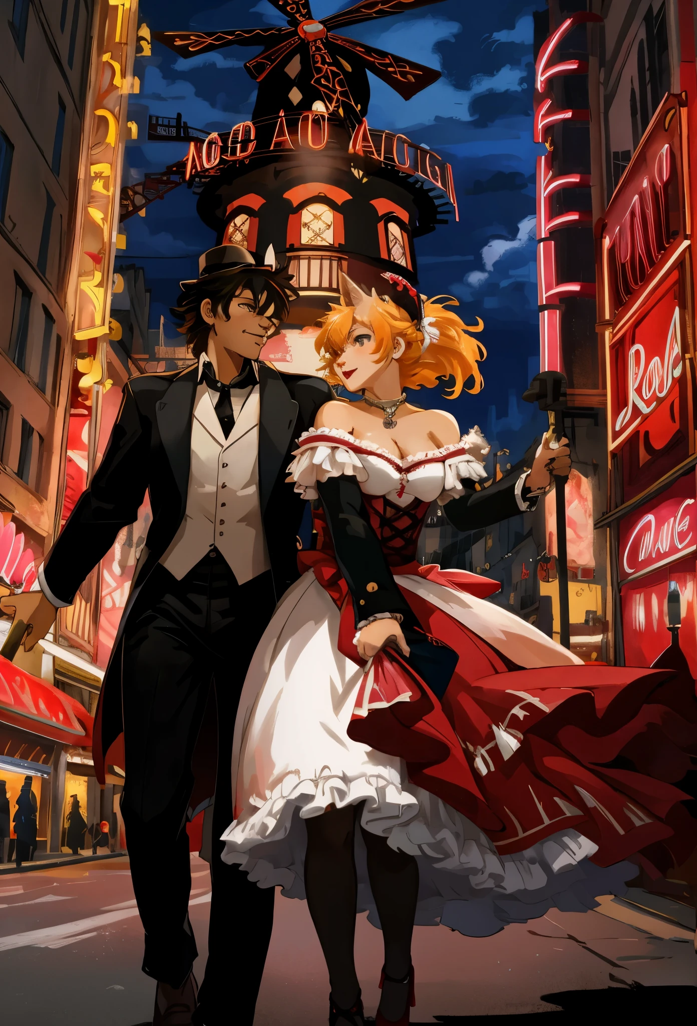 top quality, highres, High-quality illustrations, unparalleled masterpiece, arafed image of a couple in a city street at night, furry, anthro, kemono, moulin rouge, moulin rouge, movie artwork, concept art of love, movie art, movie poster painting, bestselling movie art poster, romance novel cover, martin ansin, inspired by Vincent Lefevre, belle epoque, romanticis, raphaël, cinematic lighting,