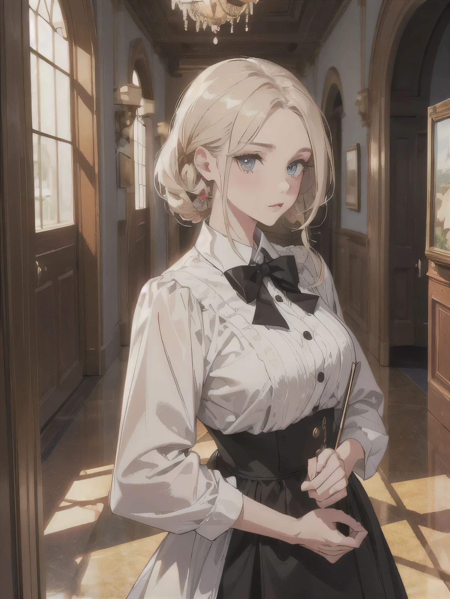 Highest, high quality, masterpiece, eye details, good looking, good looking, Butler, hallway window,  cleaning, aristocratic house, masterpiece, Highest品質, beautiful, animation,Big breasts,A man in his 30s
