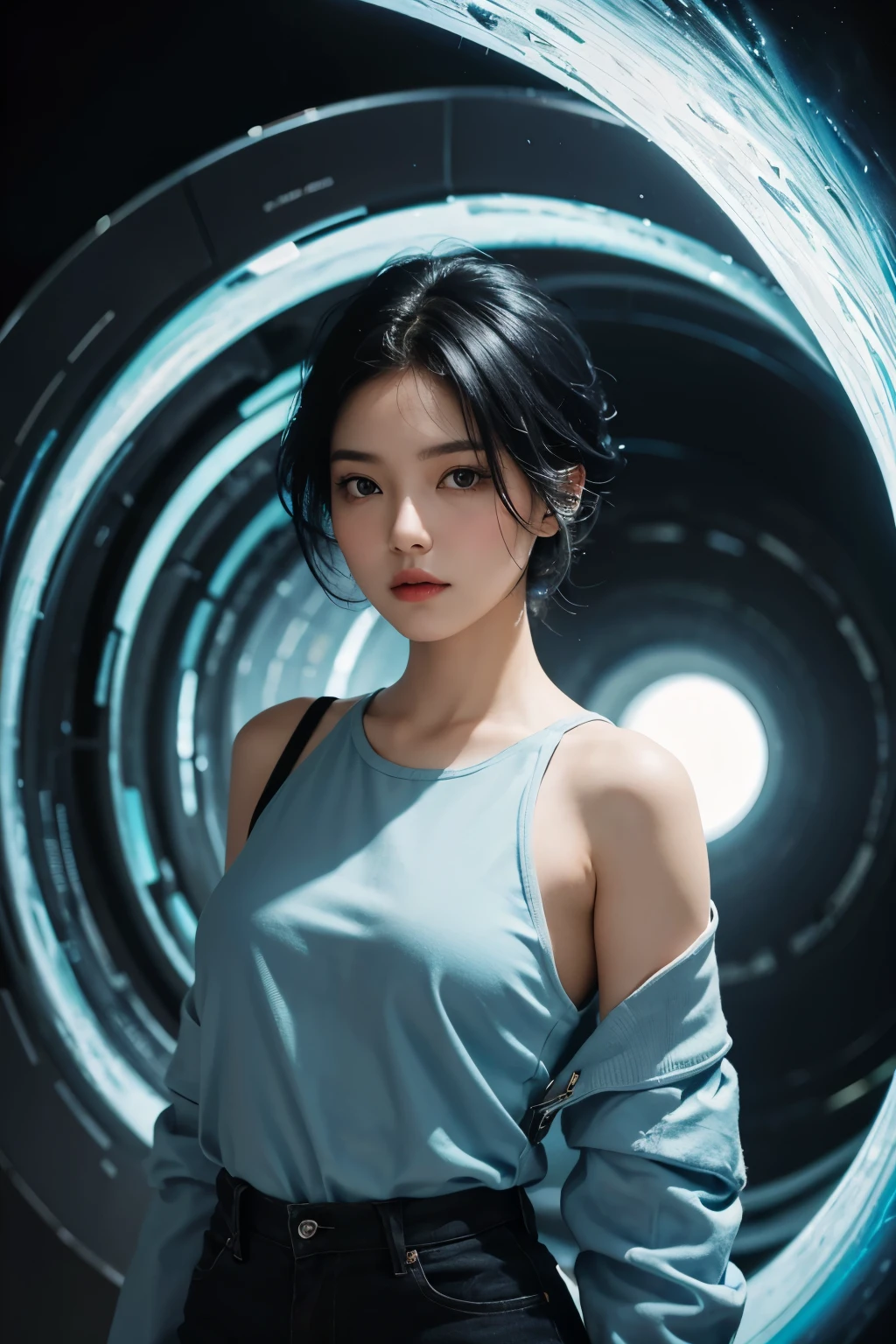 A beautiful woman wearing modern clothes in light blue tones. Black hair. The woman looks over her shoulder at the camera as she prepares to enter the wormhole. 8K image quality.