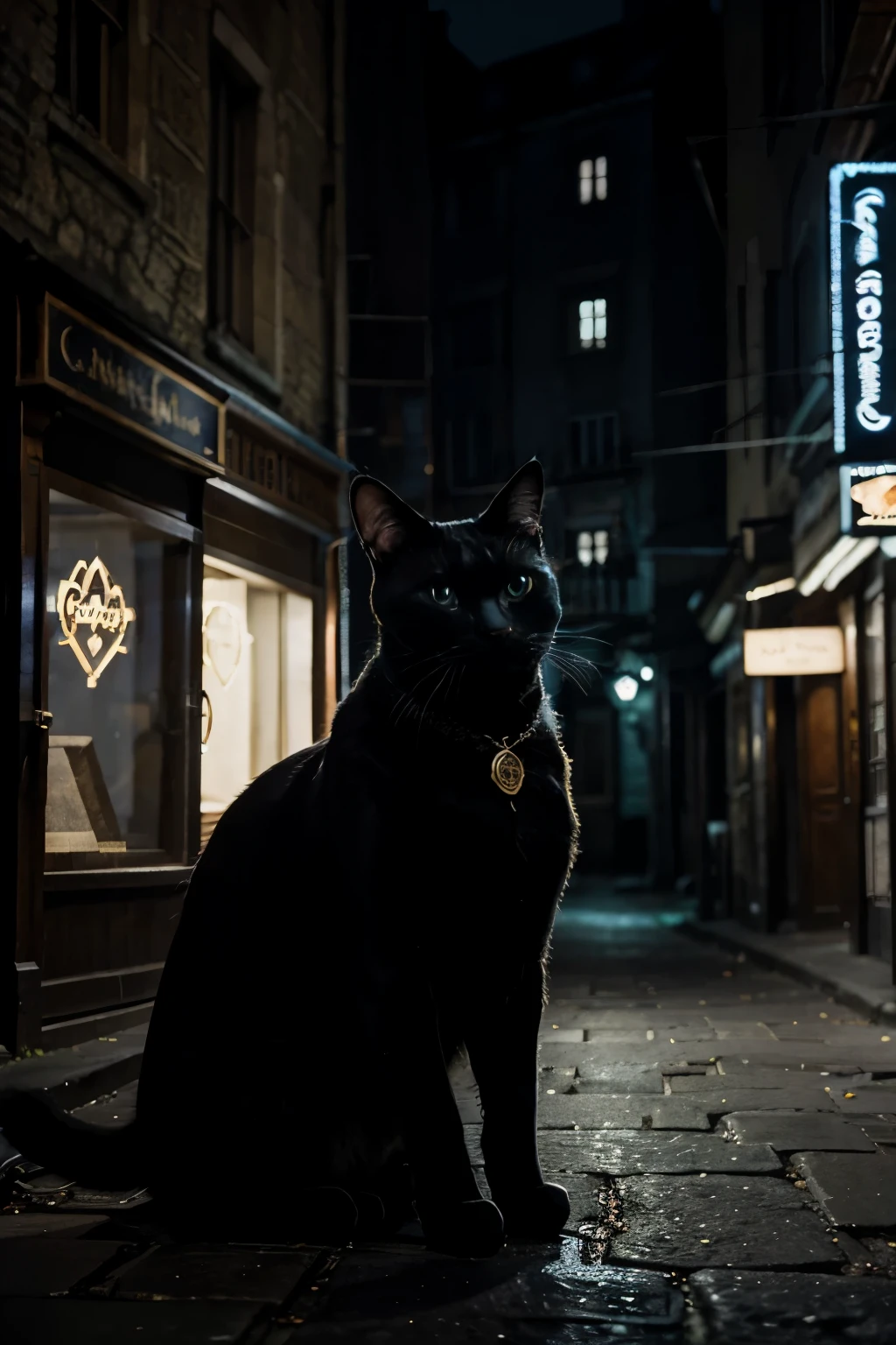 Imagine a Siamese Sherlock Holmes cat wandering a medieval town. Il est vêtu d'une cape brillante et porte un monocle élégant. His eyes reflect the glow of the neon lights that illuminate the dark streets. The cat seems to be about to discover a secret hidden in the heart of the city. Décrivez-le dans toute sa splendeur, capturant à la fois son mystère et son allure majestueuse à travers votre dessin en 3D