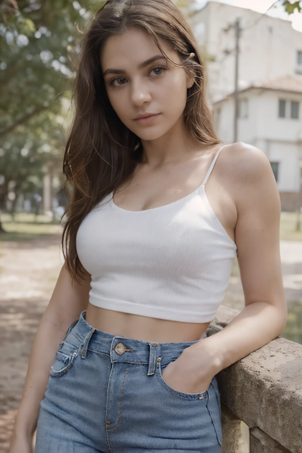 ((Foto de cuerpo completo: 1.5)) 28 year old Ukrainian girl., dark brown hair, piel blanca y suave, Ojos verdes, cara delicada, A high resolution:1.3), 1 chica con un cuerpo perfecto, Super fine face and eyes..,pelo largo y blanco, ((Camiseta mangas color rojo 1.5)),(jeans cortos: 1.5),(trasero Grande: 1.5) ,((Exponiendo escote)),((fondo urbano)),Extremadamente delicadamente hermosa,delicate collarbones,hermoso maquillaje,Rasgos faciales exquisitos y perfectos..